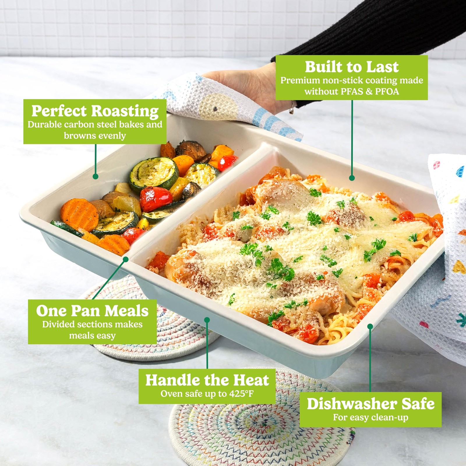 Solutions Bakeware, 13-Inch x 9-Inch 2-Section Roasting Pan, Durable Carbon S…