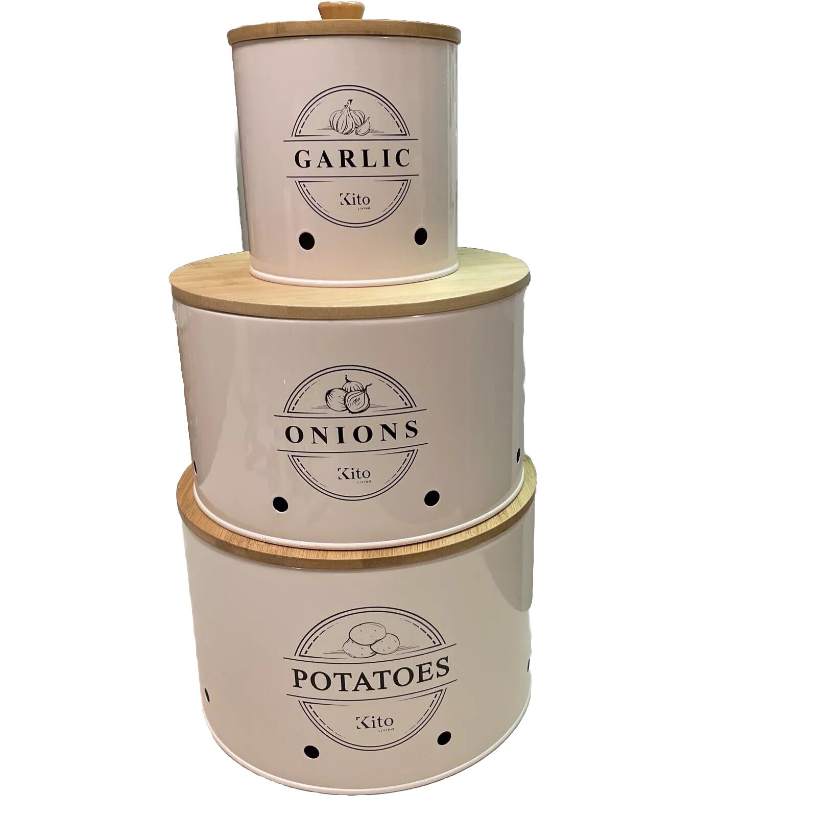 Potatoes Onions & Garlic Metal Stackable Storage Bins w/Bamboo Lids Set of 3 EUC
