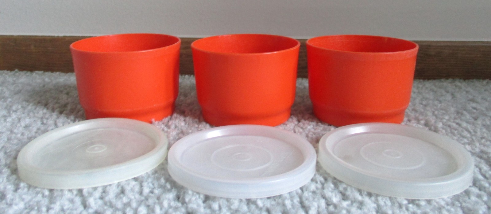 Vintage Tupperware Set of 3-Orange Snack Cups-4 oz. #1229 & Lid Seals #297