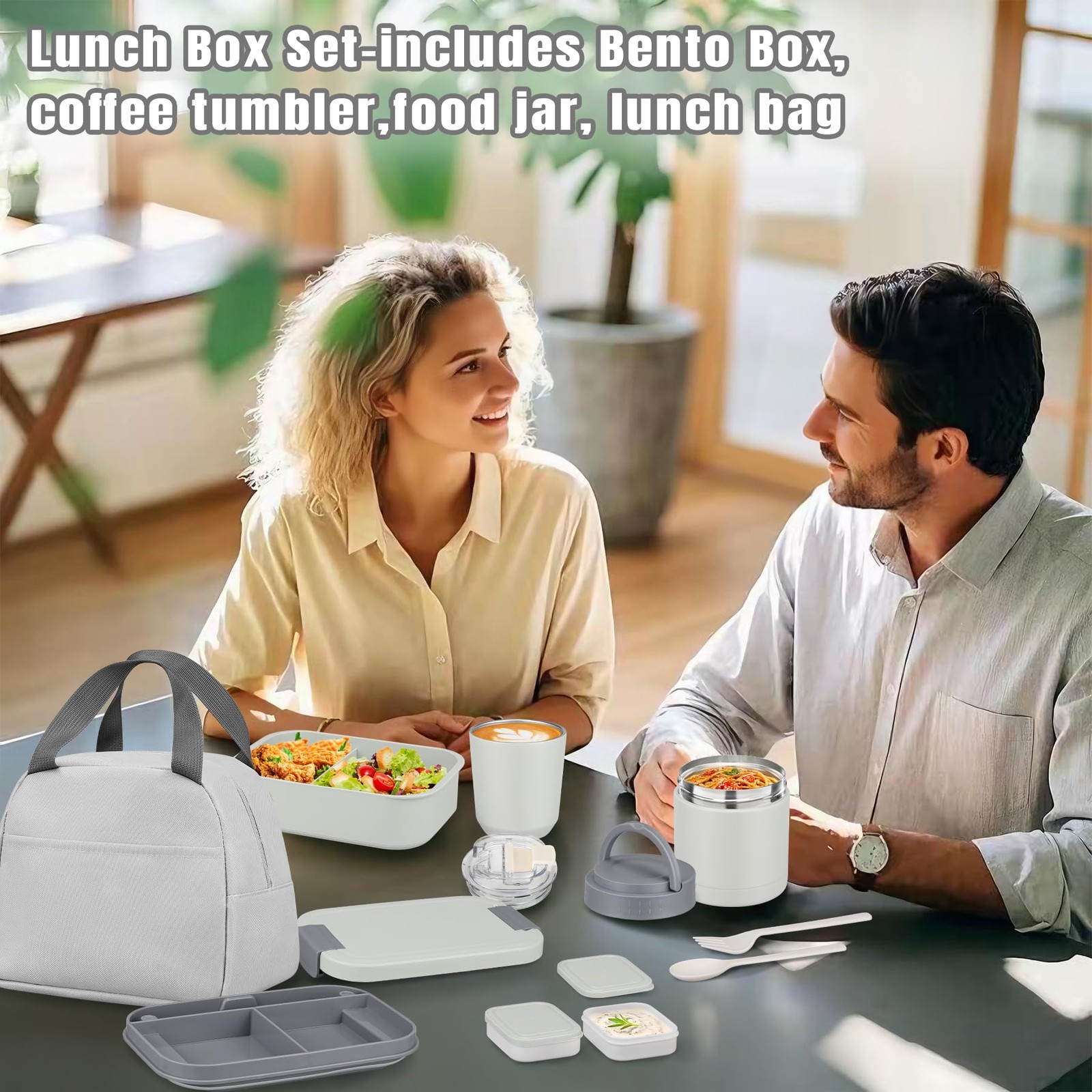 Large Bento Lunch Box Set for Adults Kids Women with 10.5oz Soup 1, Gray