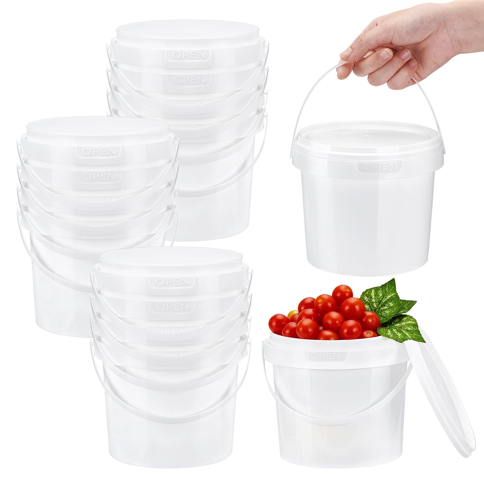 12 Pcs White Plastic Bucket with Lid and Handle, Food Grade Buckets with Lids…