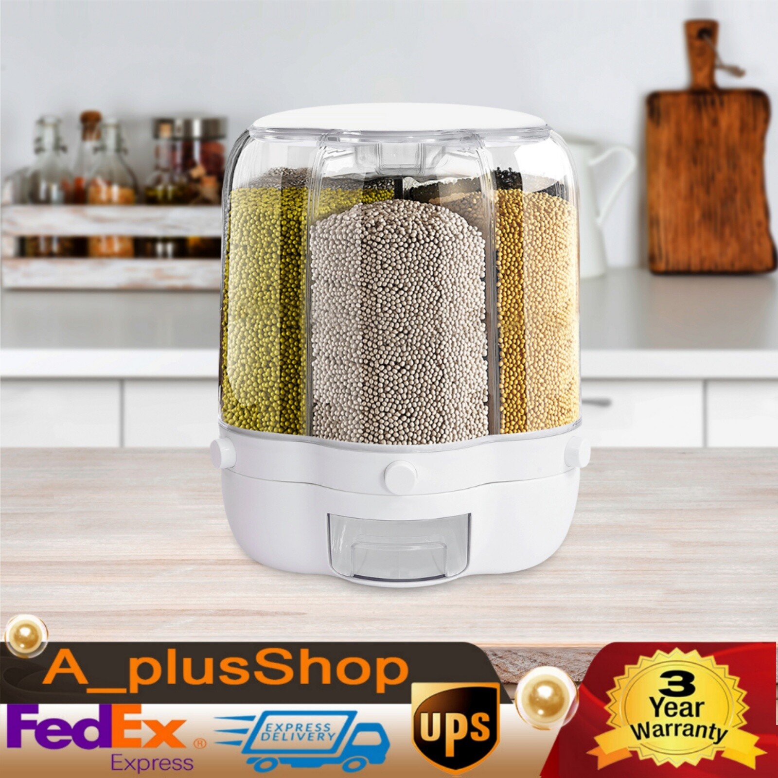 360?? Rotating Rice Storage Dispenser 6 Grid Grain Bean Dry Food Container +Lid