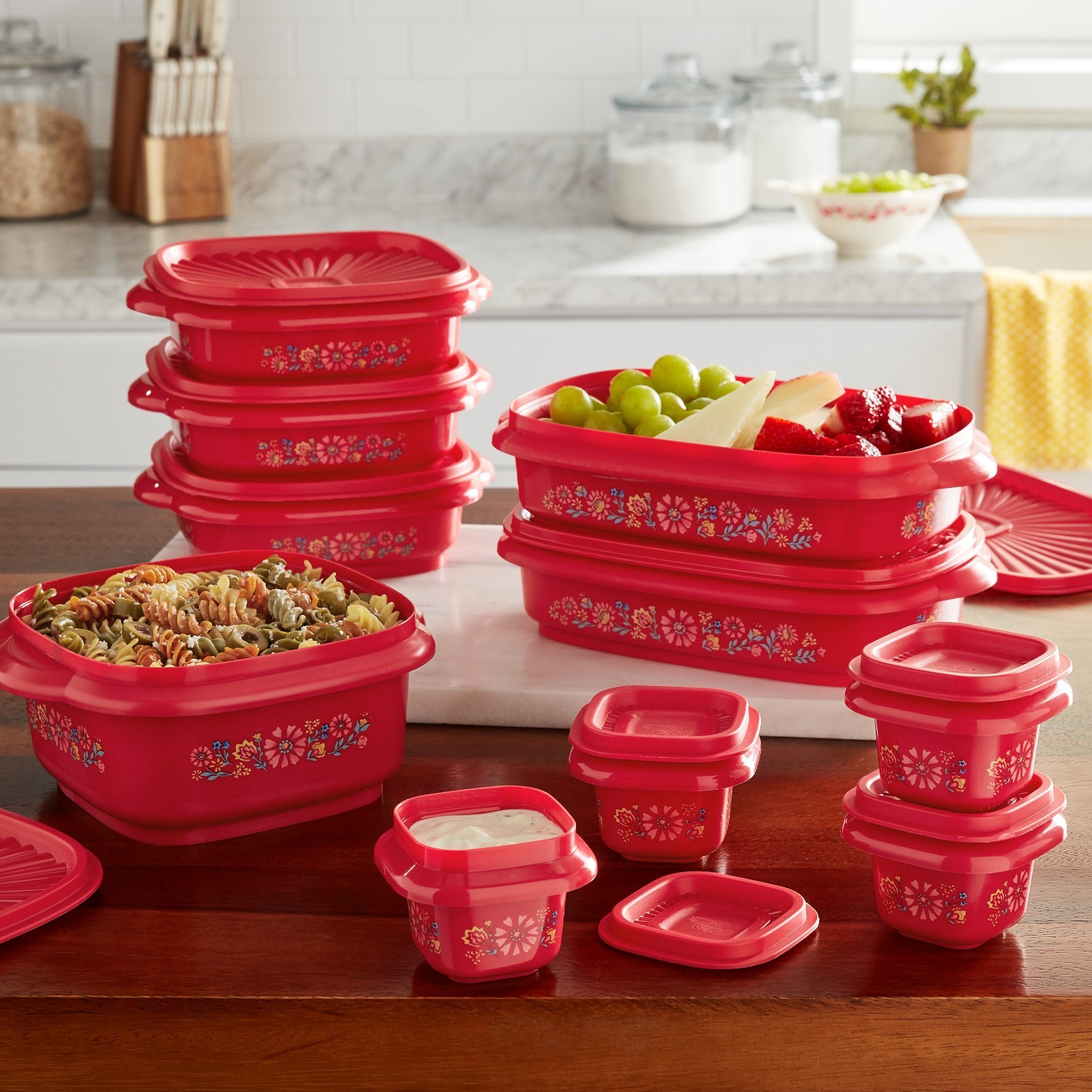 Pioneer Woman 20 pcs Red Food Container Storage Set Plastic Floral Kitchen