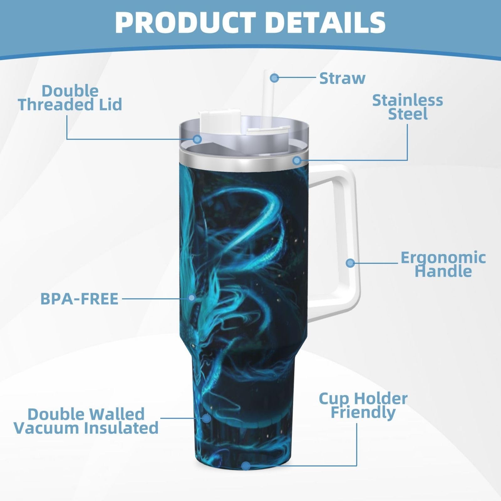 Ptonuic Blue Dragon 40 Oz Tumbler Handle And Straw Lid Cup Reusable Stainless