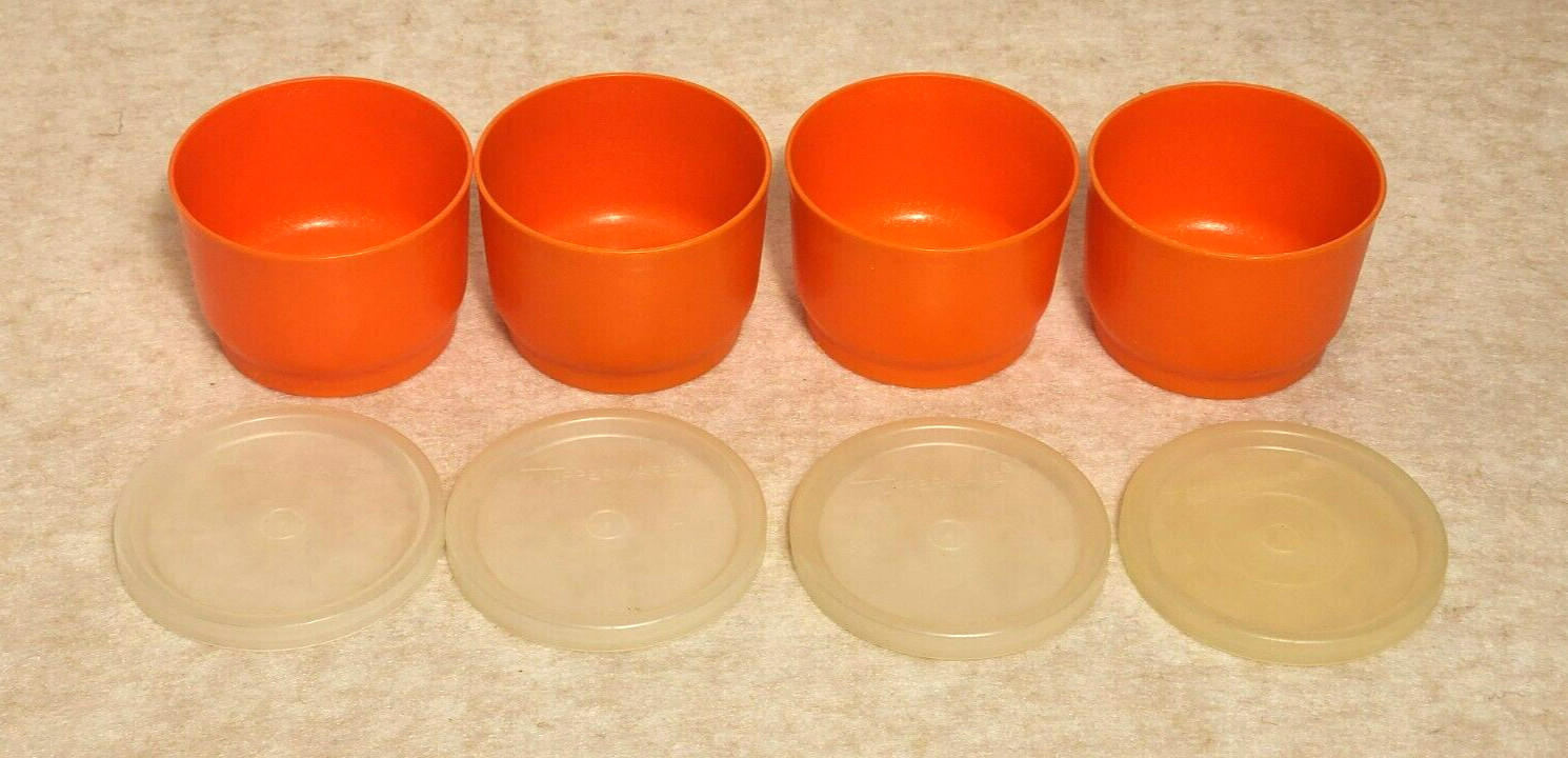 Vintage Tupperware Orange Snack Cups 1229 Complete w/Sheer Lids Set of 4