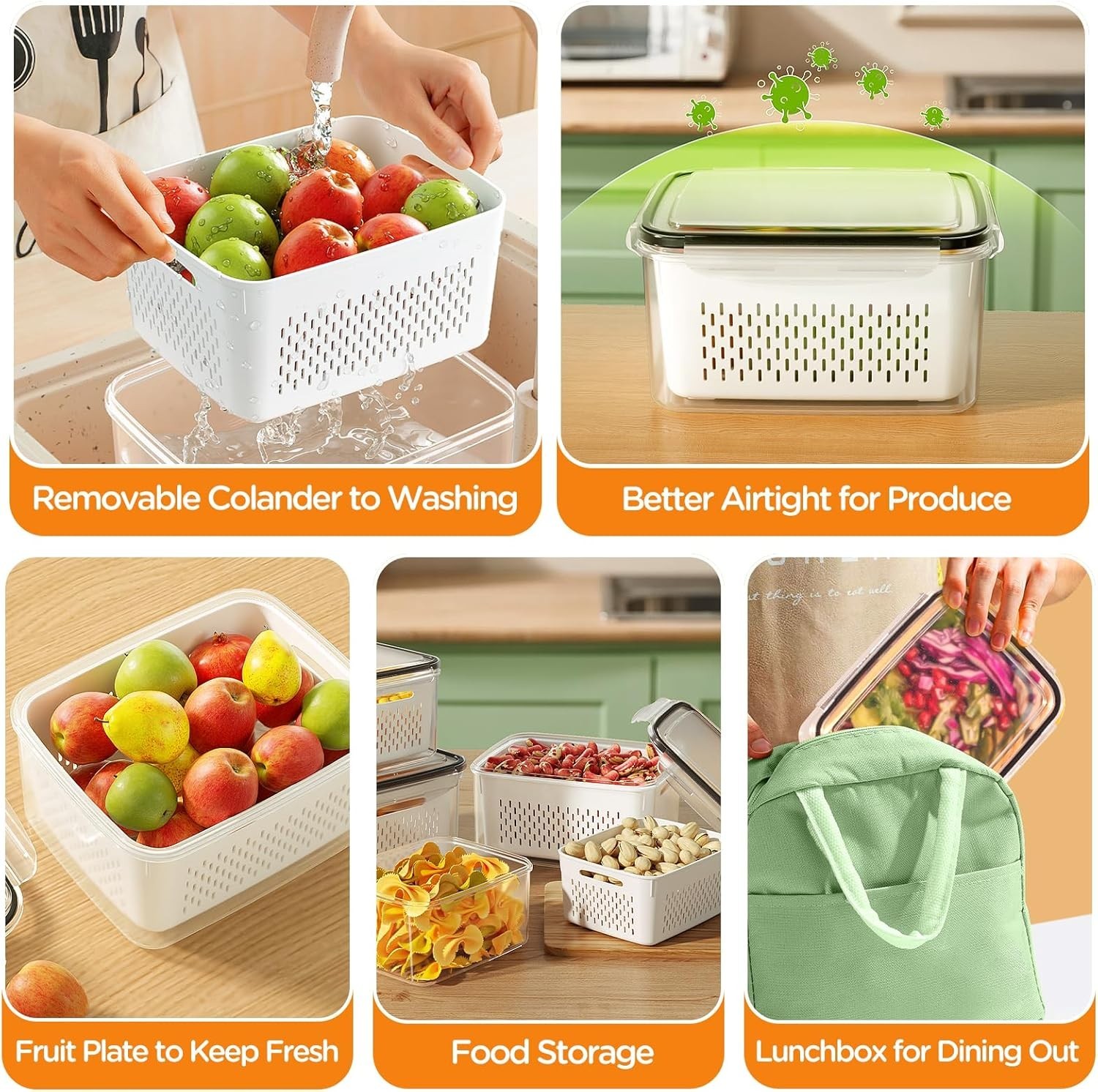 5 Pack Fruit Storage Containers with Colanders, Leakproof Fridge Organizer Bins