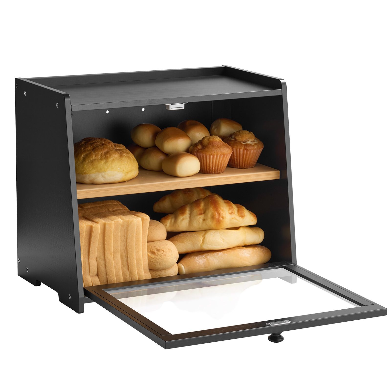 Double layer bamboo bread box with acrylic wavy door, large capacity for kitchen