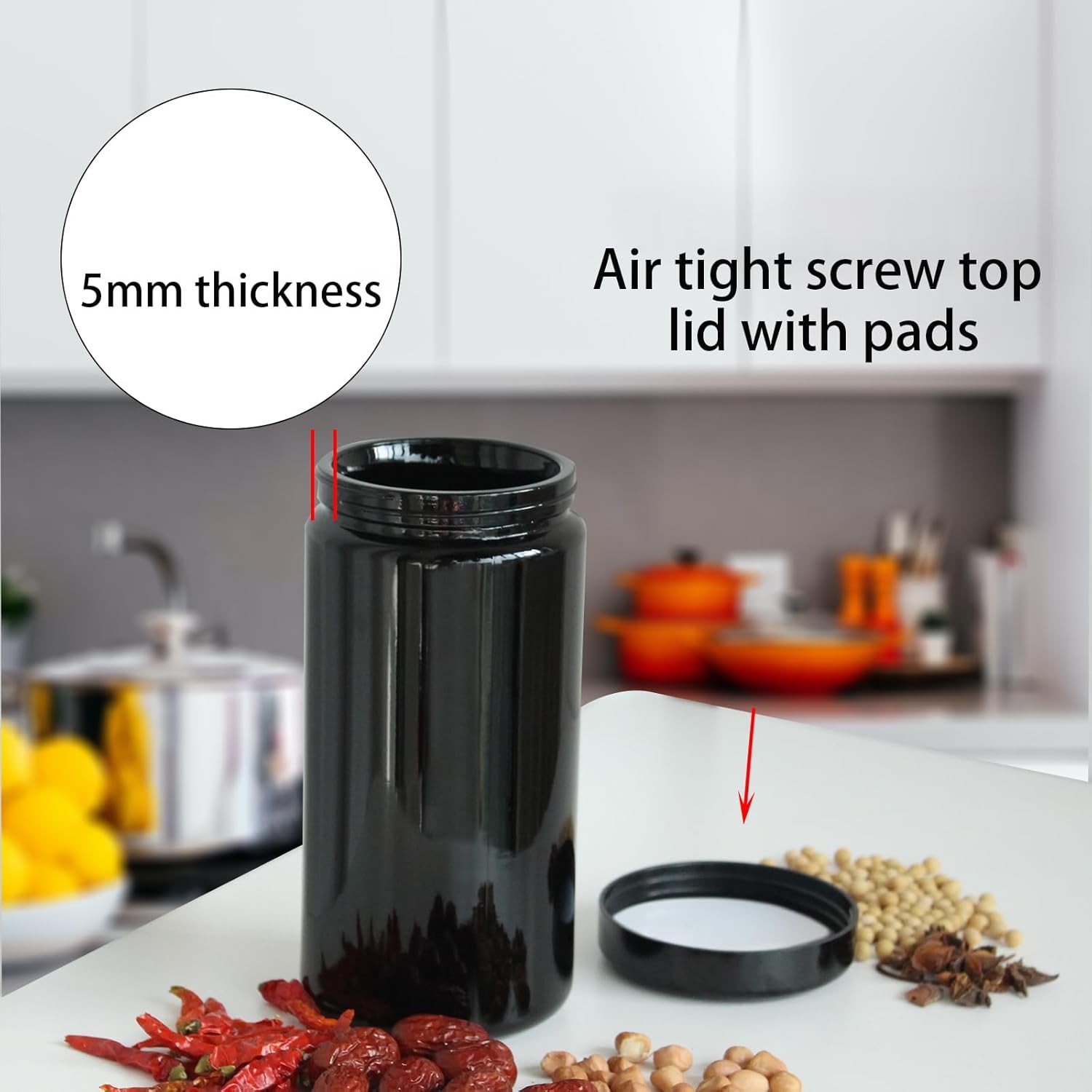 Black Glass Airtight Storage Container Jar 1000ml 2 Oz with UV Protection for