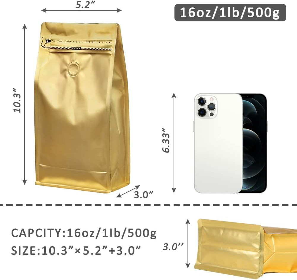Coffee Bags with Valve(100Pcs,16Oz) Golden High Barrier Aluminumed Foil Flat Bot