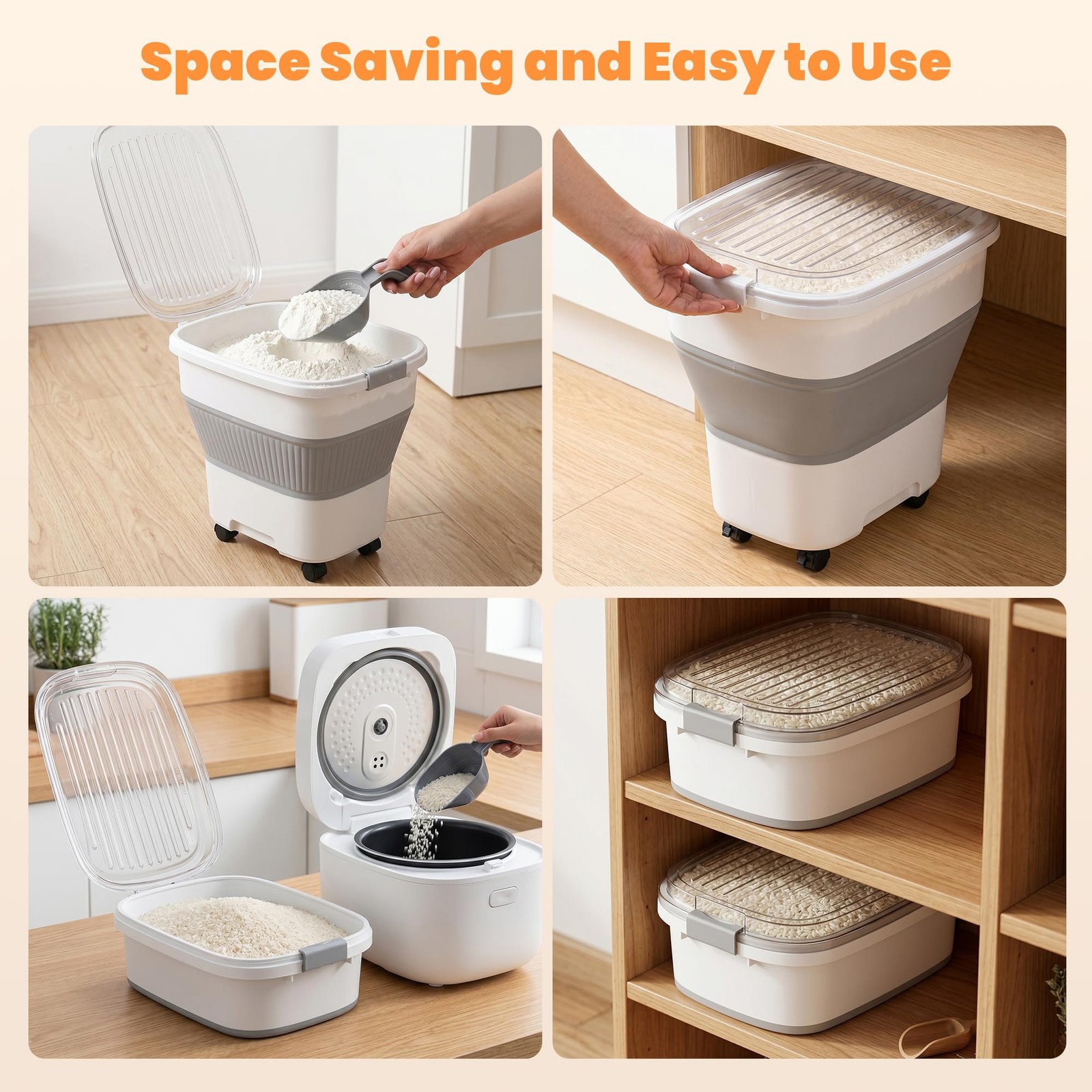 NURYO 50 Lbs Rice Storage Container with Wheels, Large, Grey/50lbs