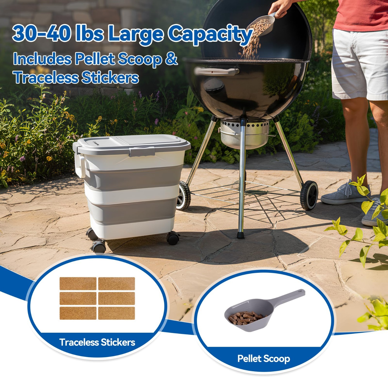 Airtight Wood Pellet Storage Bin 30-40LB, Collapsible Bucket with Wheels & Scoop