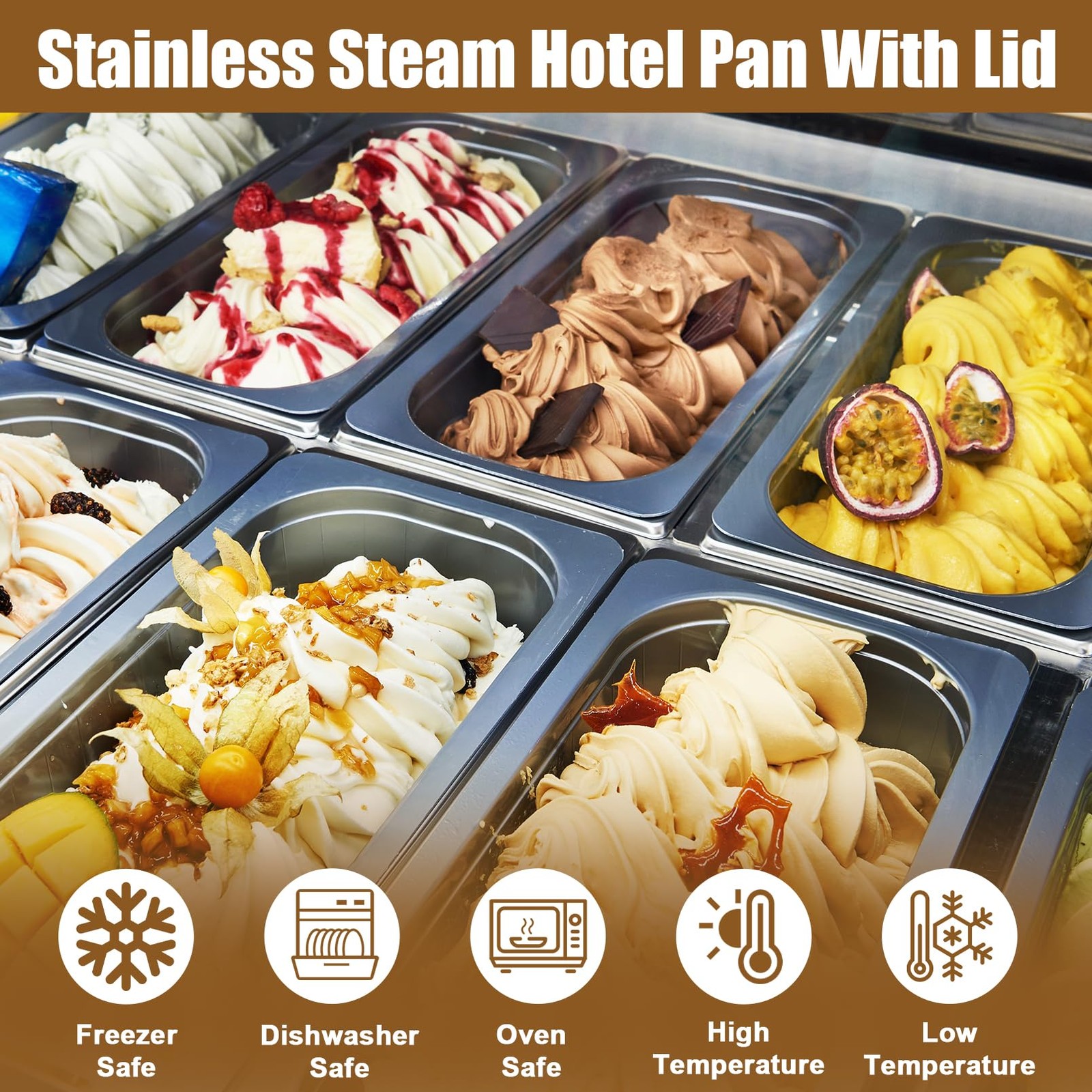 4 PCS 1/3 Size x 6 Inch Deep Stainless Steel Steam Table Hotel Pan Lid Buffet