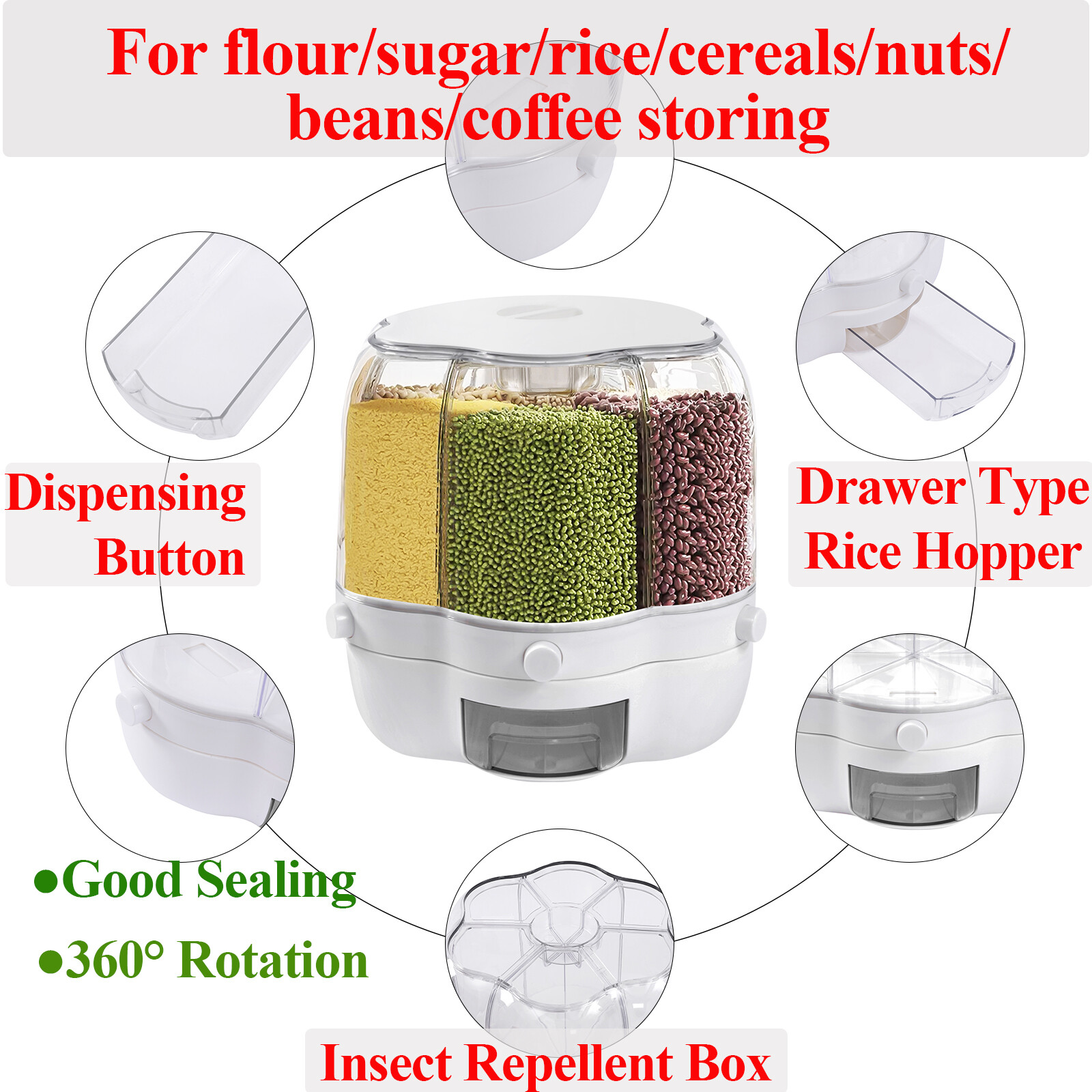 Rotating Food Dispenser Rice Grains Container 6-Grid Flour Storage Bucket w/lid
