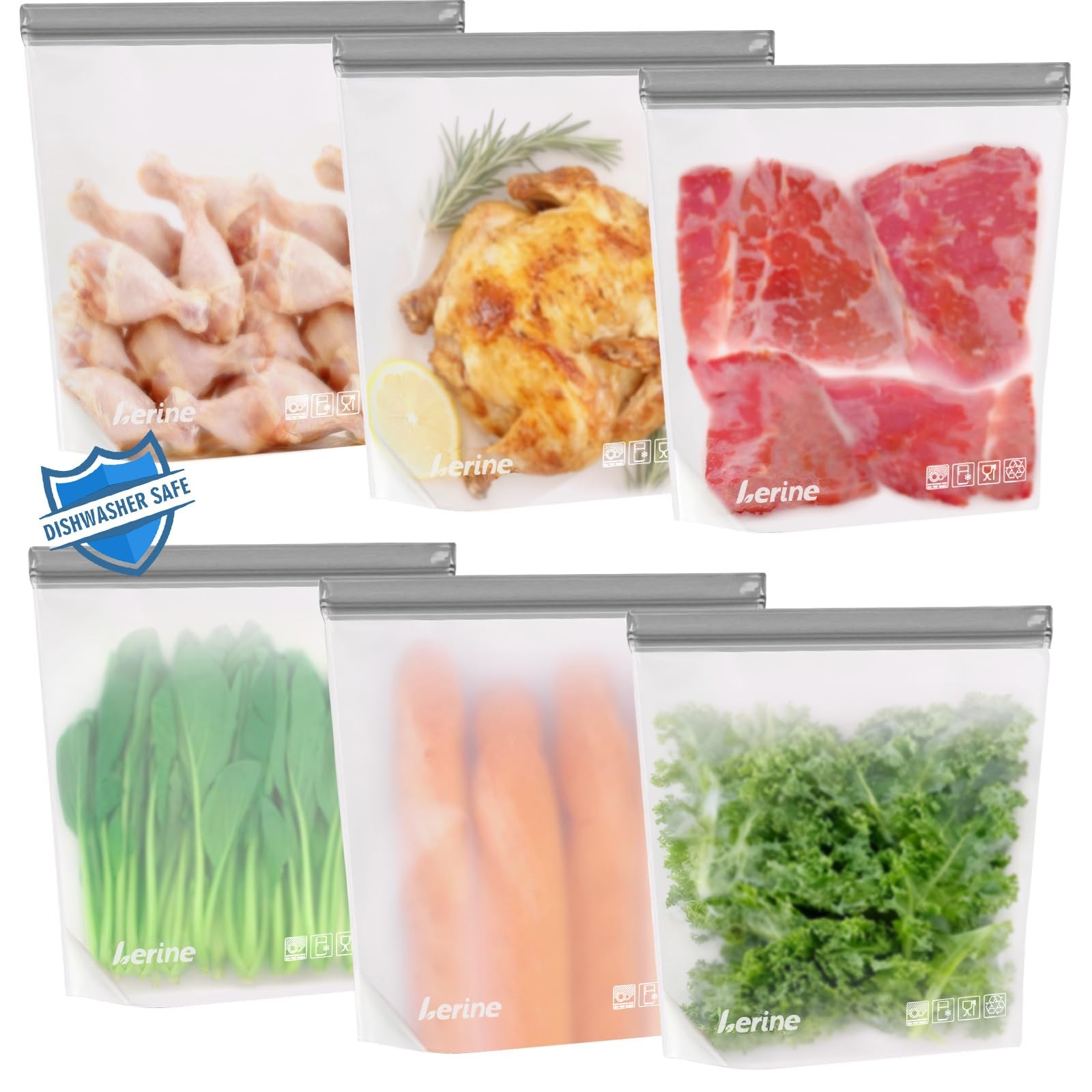 6 Pack Reusable Freezer Bags 2 Gallon Stand-Up Dishwasher Safe, BPA-Free Reus…