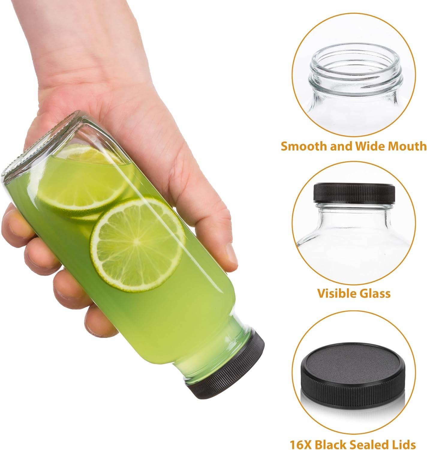 Juice Bottles with Lids, 16 Oz, Set of 3 | Clear Glass Jars with Caps, Reusable