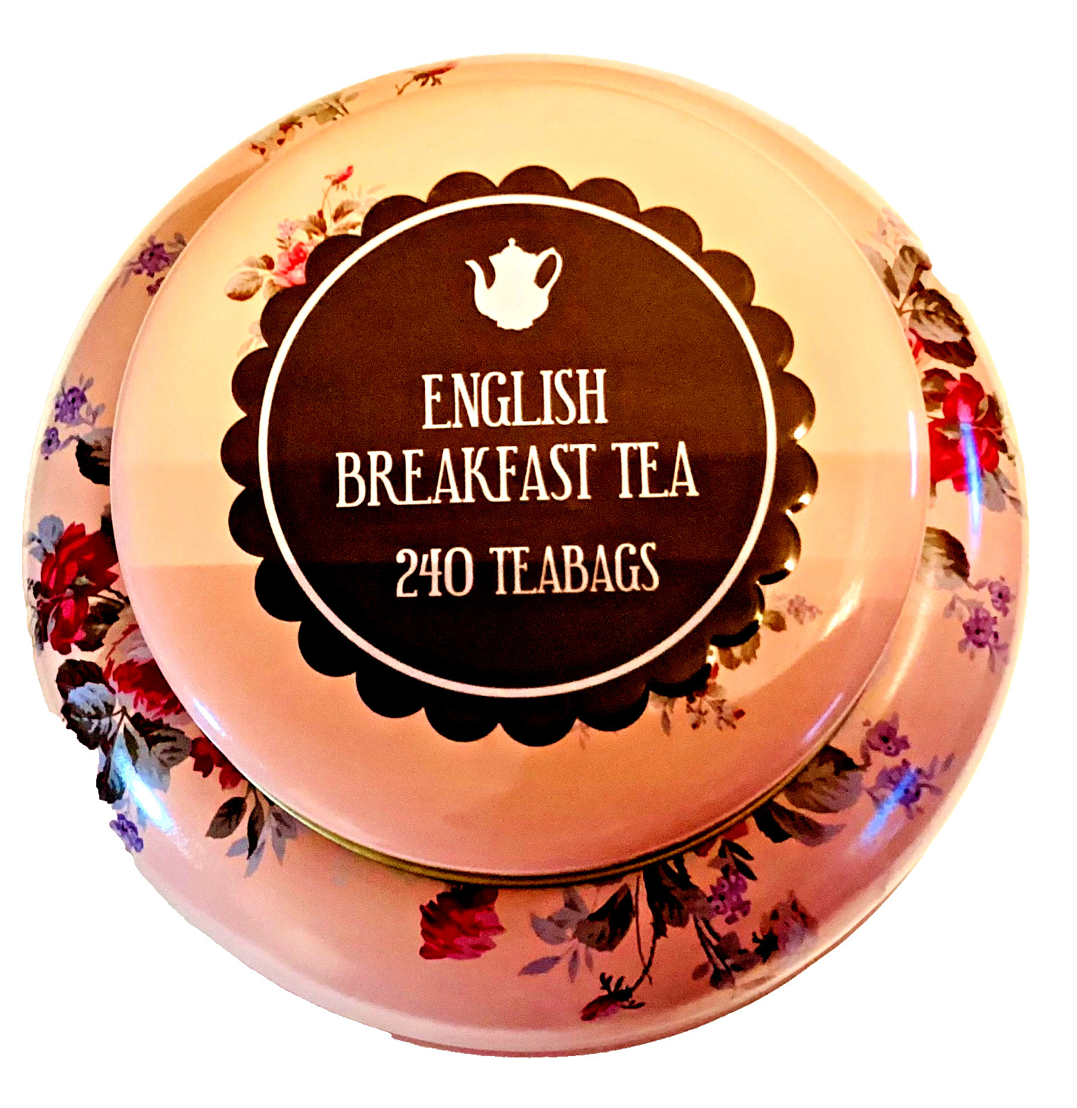 English Breakfast Tea X-Large Pink Floral Tea Tin Canister Shabby Chic Cottage