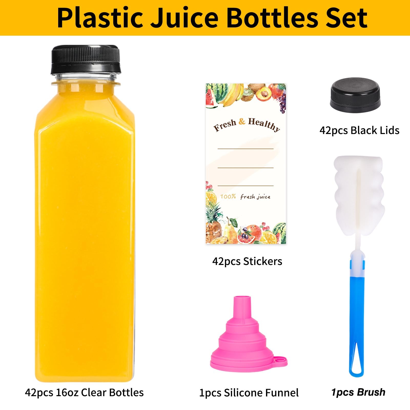 42 PCS 16 Oz Plastic Juice Bottles With Caps Reusable Juicing Clear Containers