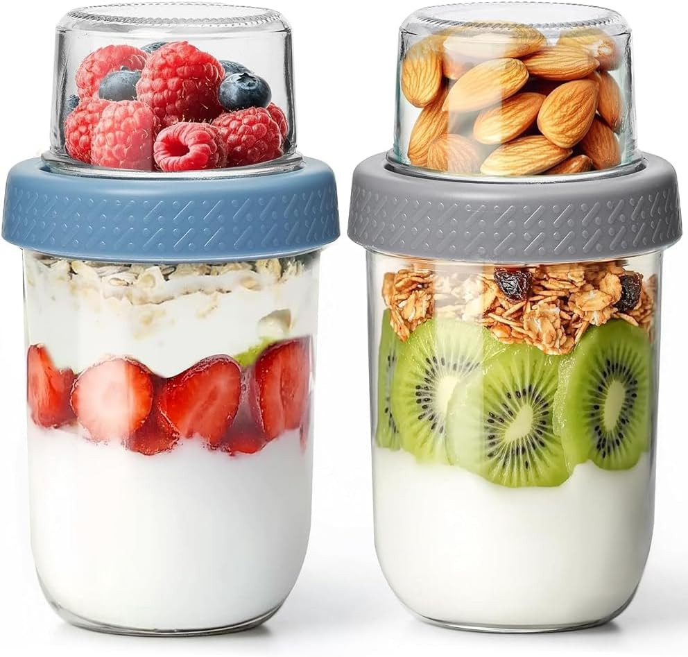 2 Pack Glass Yogurt Parfait Cups with Lids, 16+4Oz Reusable Containers with Dry