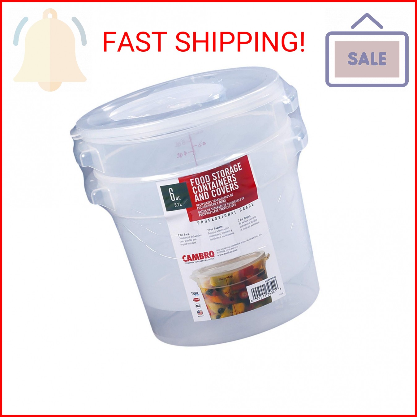 Cambro Round Translucent Container with Lid (6 qt, 2 Pack)