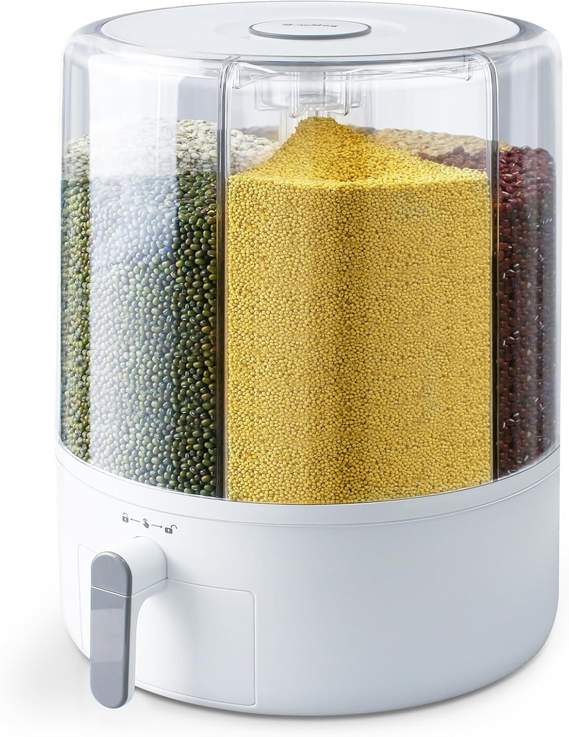 Grain and Rice Storage Container, 6 Grid Grain Dispenser, 360° Rotating 25Lb Lar