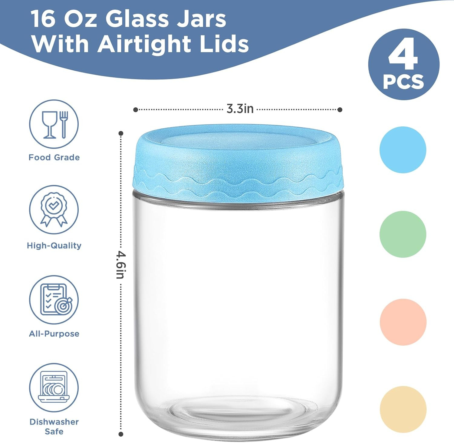 16 Oz Overnight Oats Containers with Lids – 4 Pack Glass Storage Jars with Airti