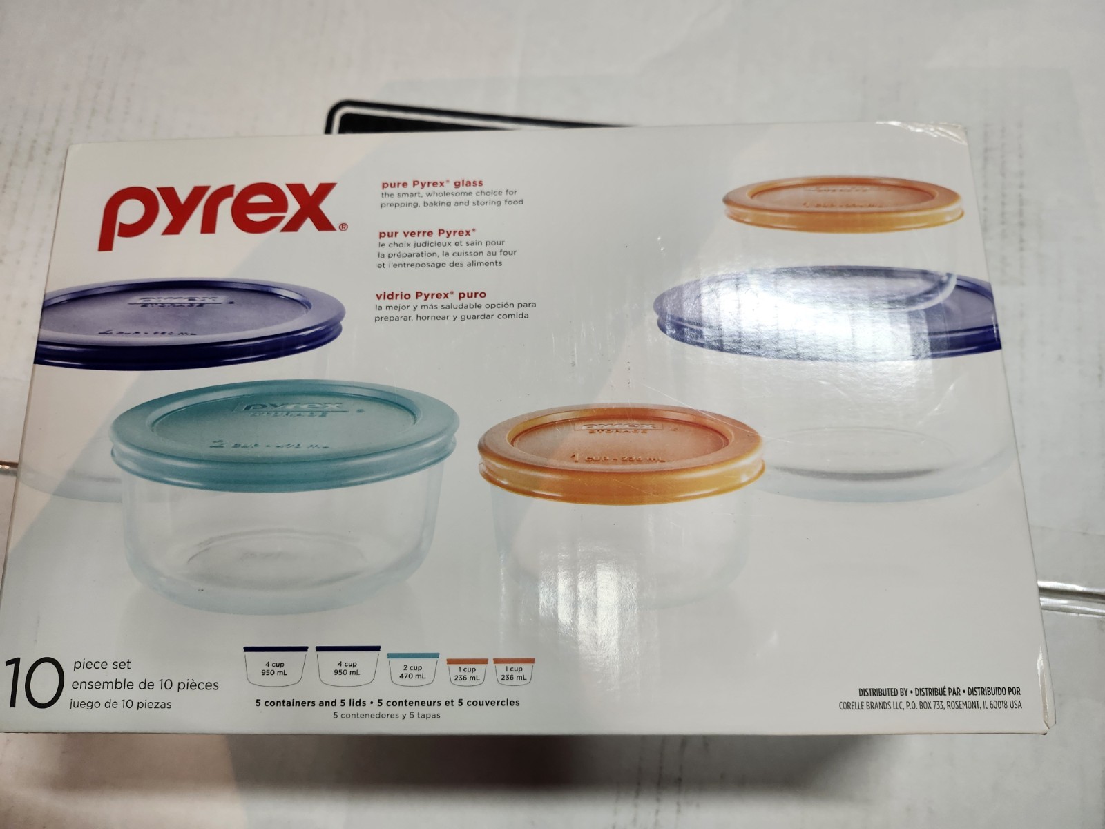 PYREX 10 Piece Glass Food Storage Set Includes Colorful Lids Round Containers