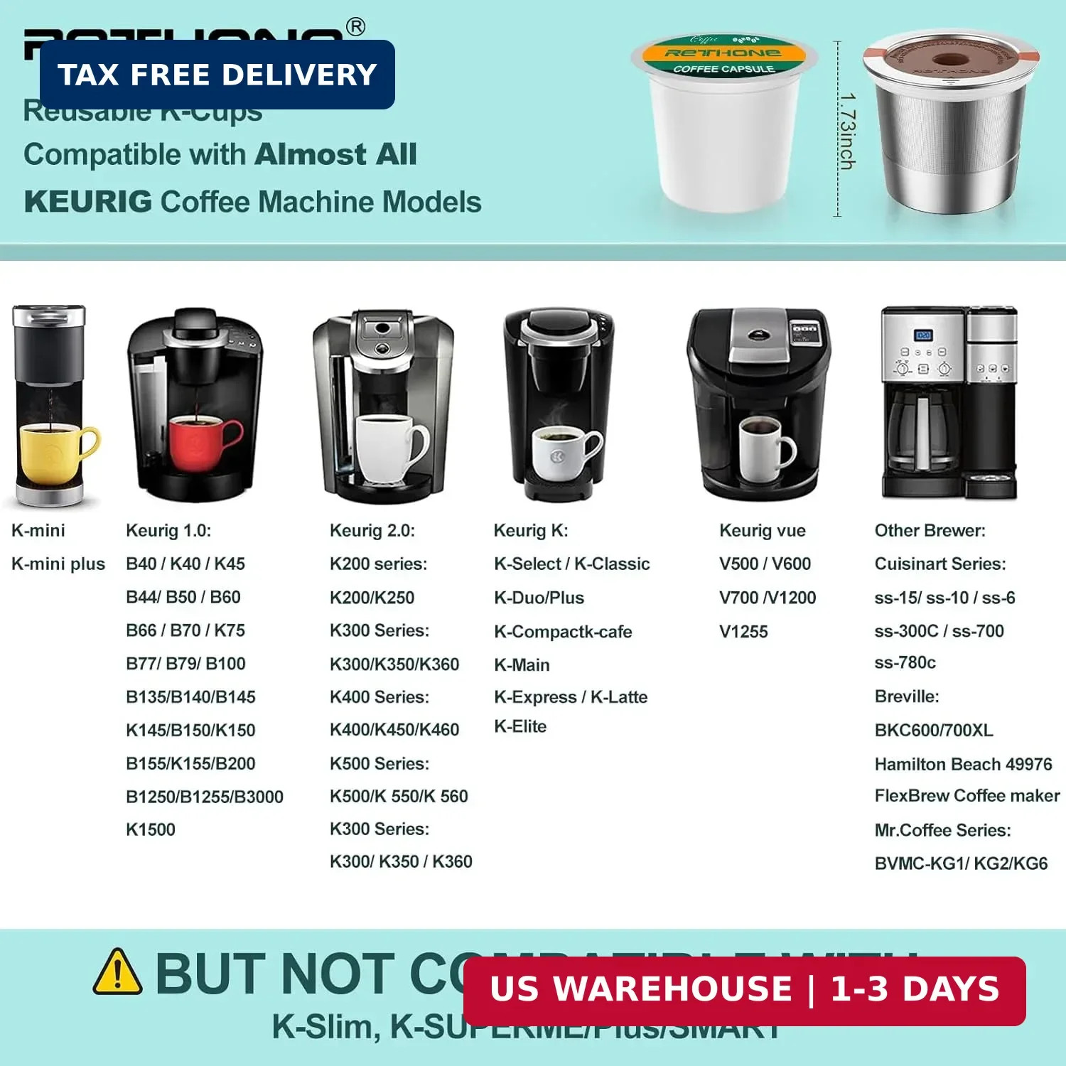 RETHONE K Cup Reusable Coffee Pods, Stainless Steel Reusable K Cups Compatible w