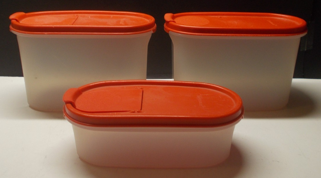 4 Vintage Tupperware Modular Mates 1521 1612 1611 Sheer with Red Pour Spout Lids