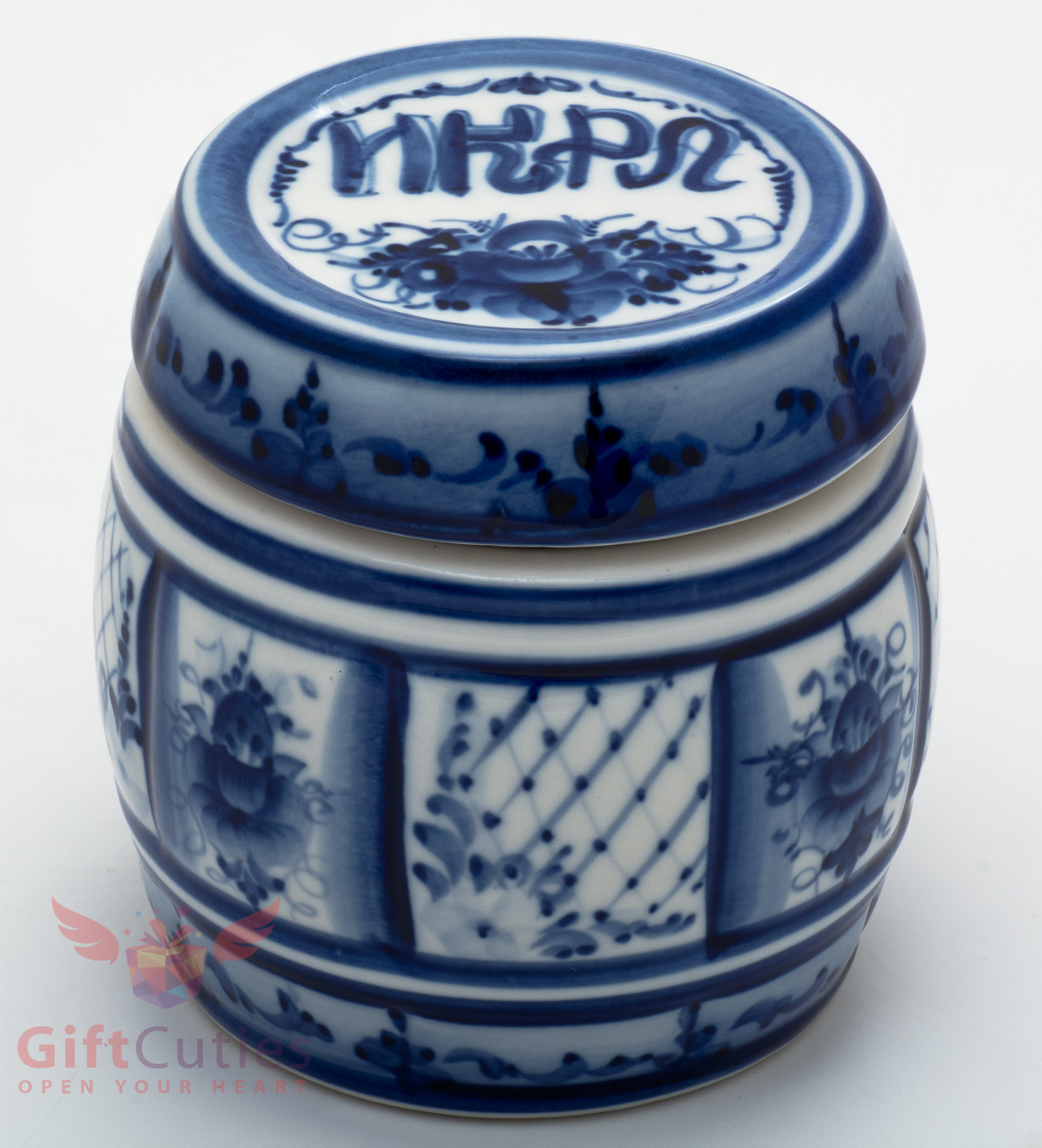 Gzhel Porcelain Caviar Barrel pot jar container hand-painted in blue
