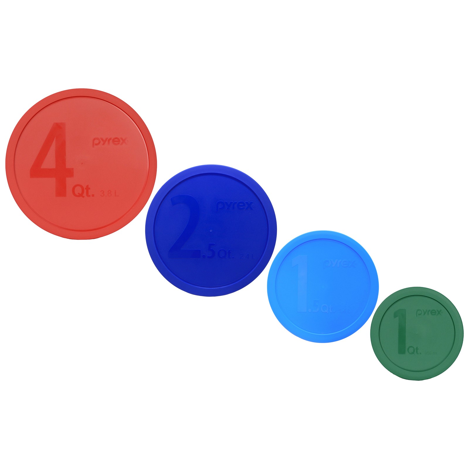 Pyrex 322-PC Green, 323-PC Marine, 325-PC Cadet Blue, & 326-PC Red Lids