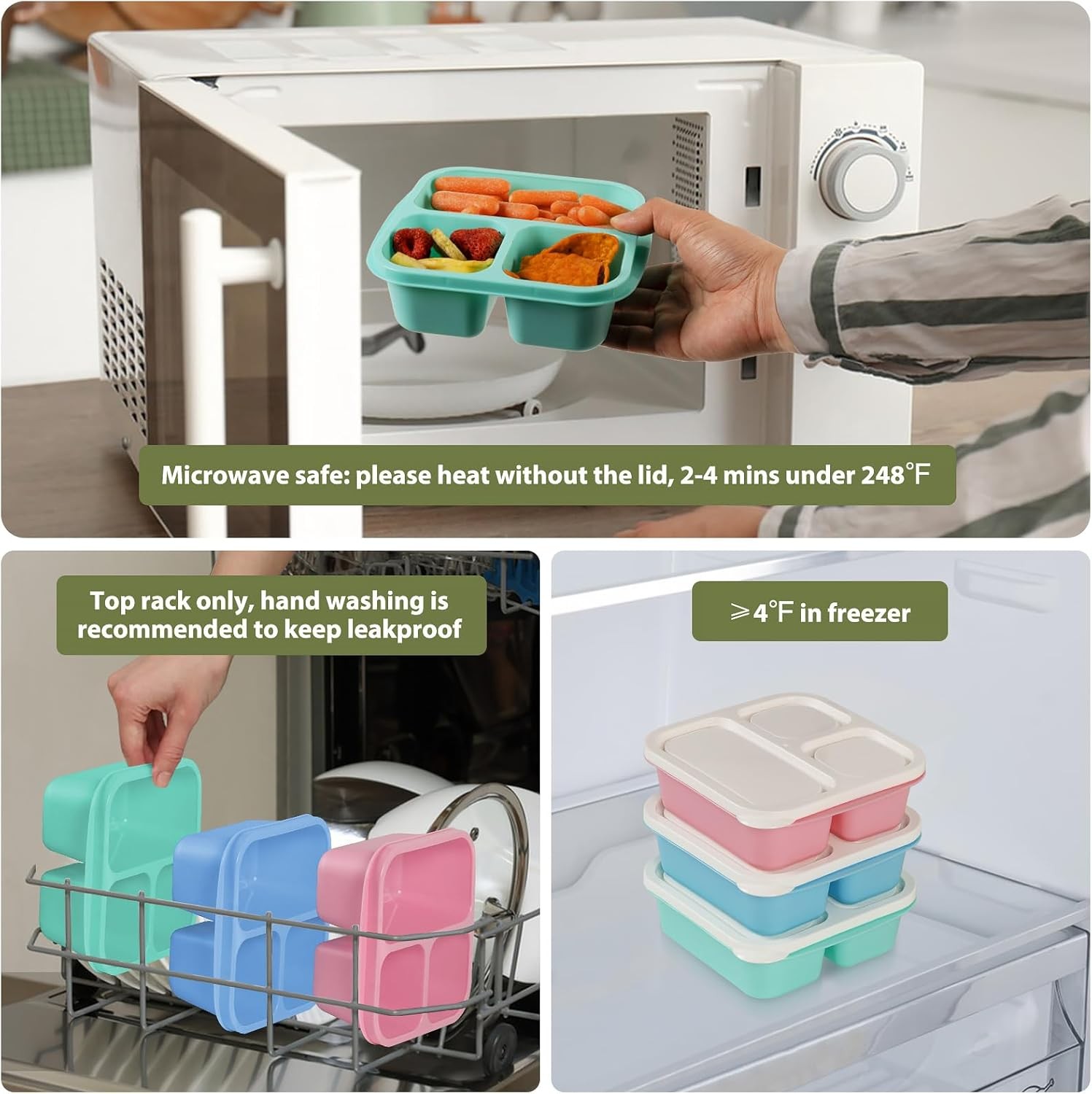 Snack Box Container with lids, Reusable 3 Compartment Bento Lunchable Container