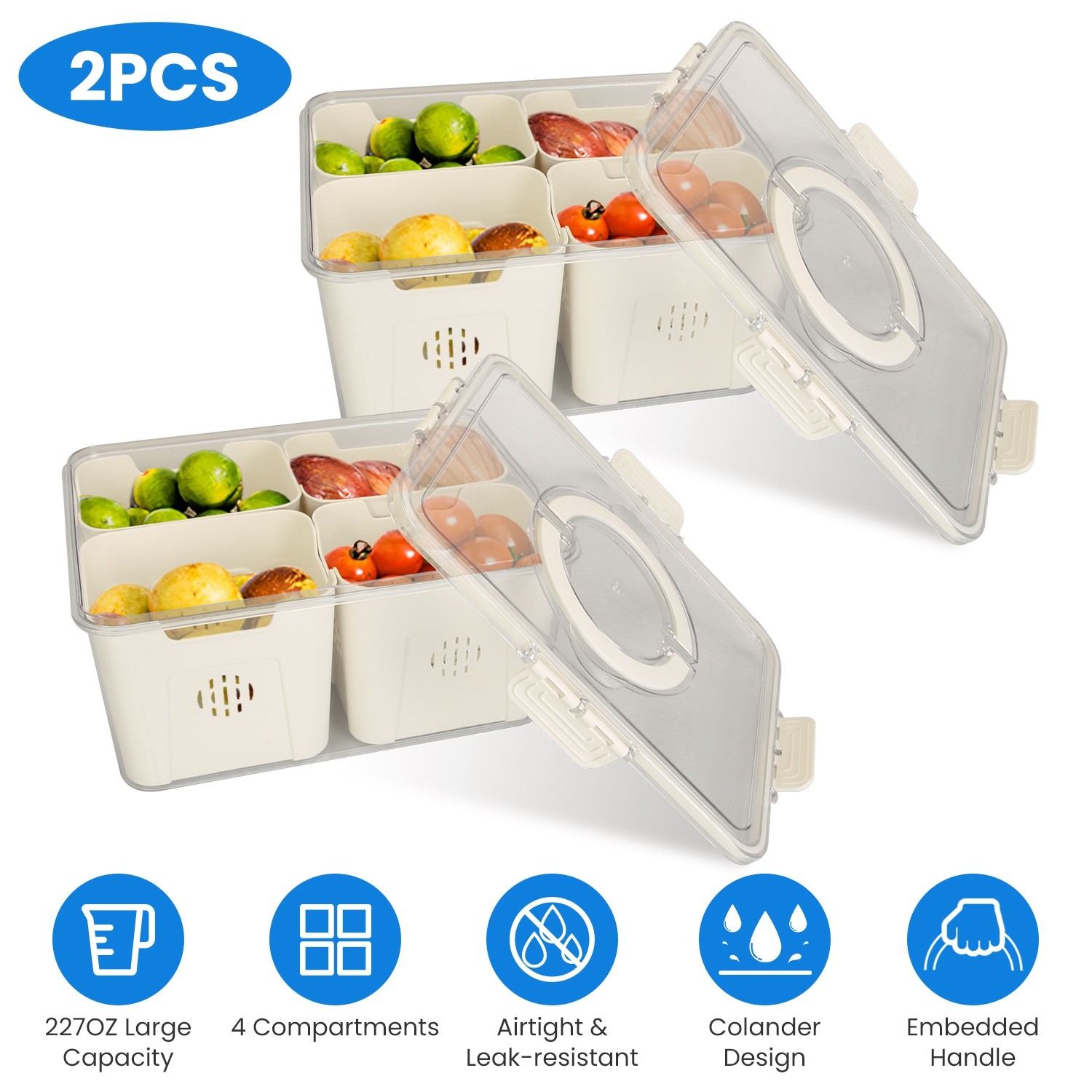 Airtight Food Storage Containers Set Of 2 Featuring 8 Removable Colanders