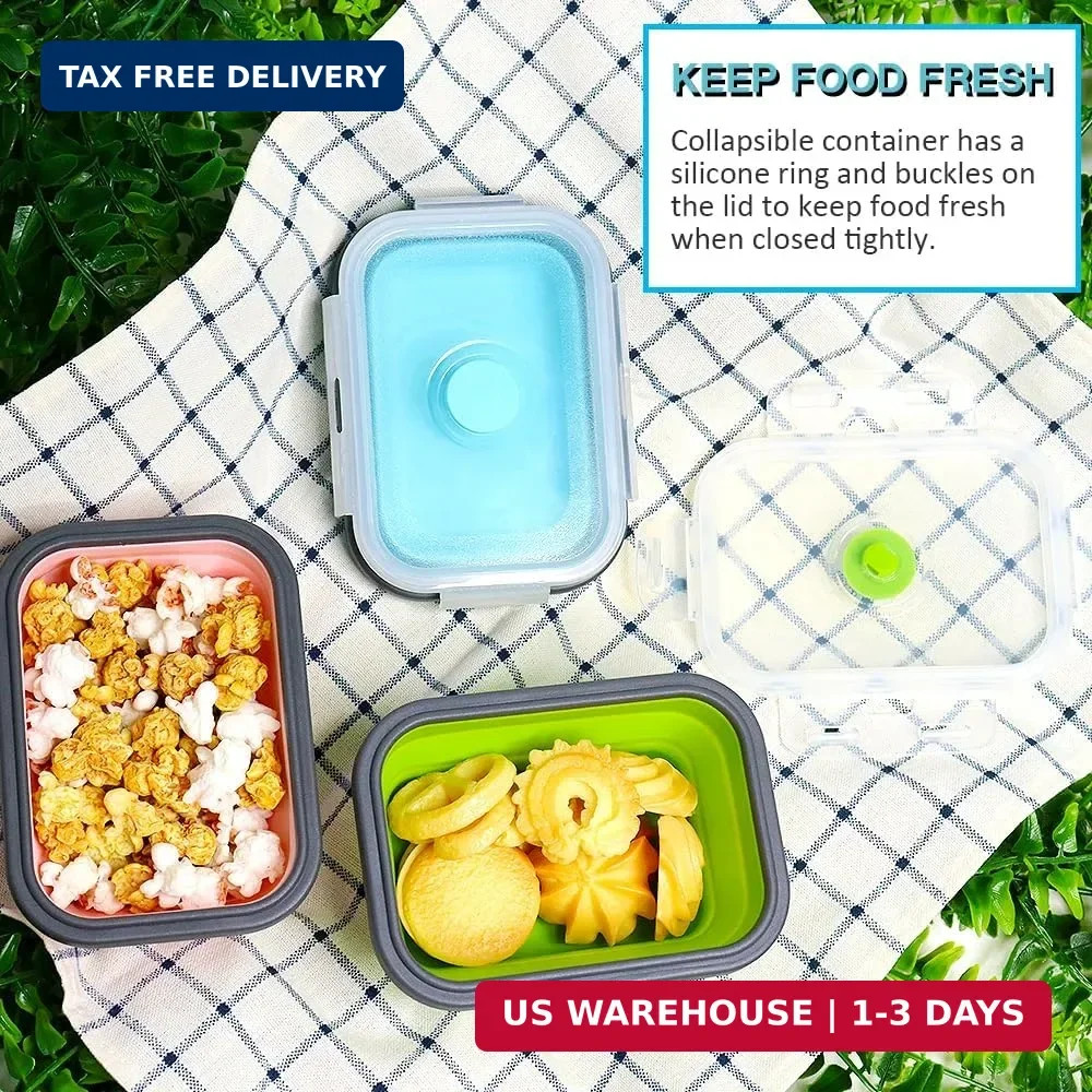 Collapsible Silicone Food Storage Containers Set of 3 Stackable Space Saving Lid