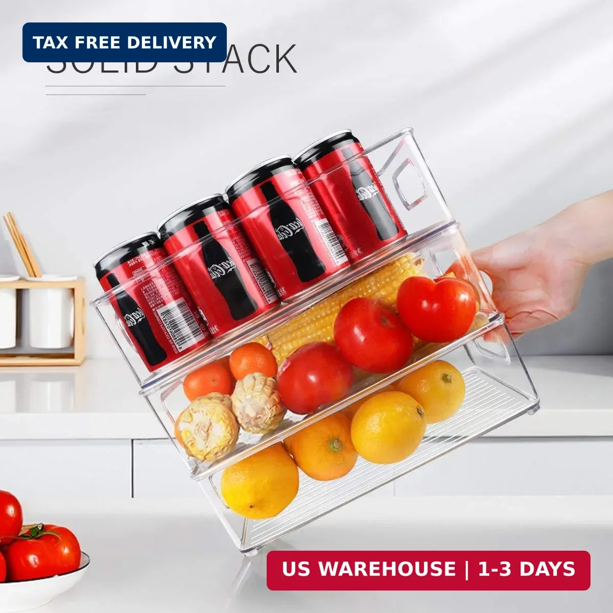 Stackable Refrigerator Organizer Bins, 6 Pack Clear Kitchen Organizer Container