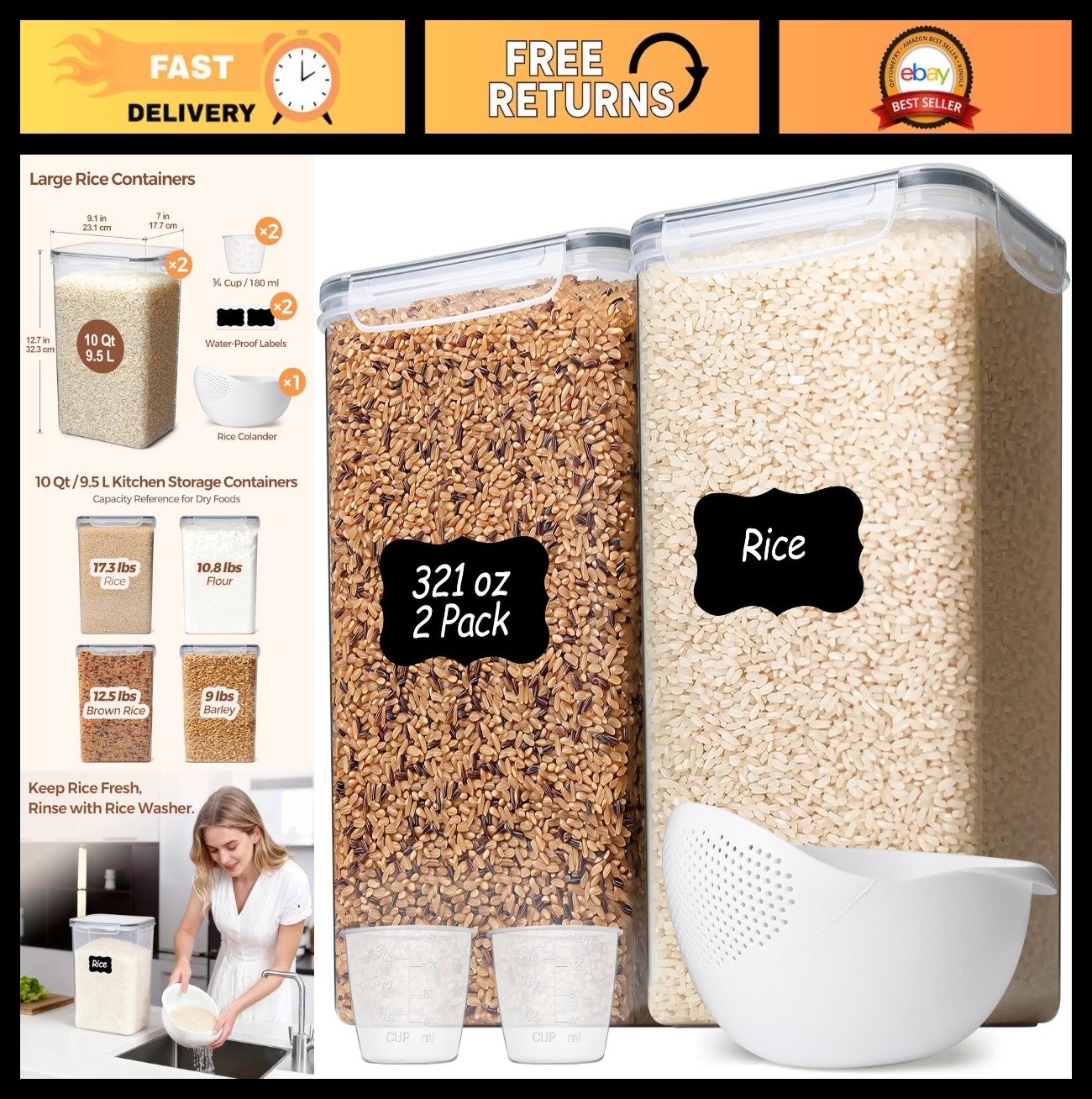 Large Airtight Rice Container Set of 2 – 9.5L Food Storage Canisters with Lid, K