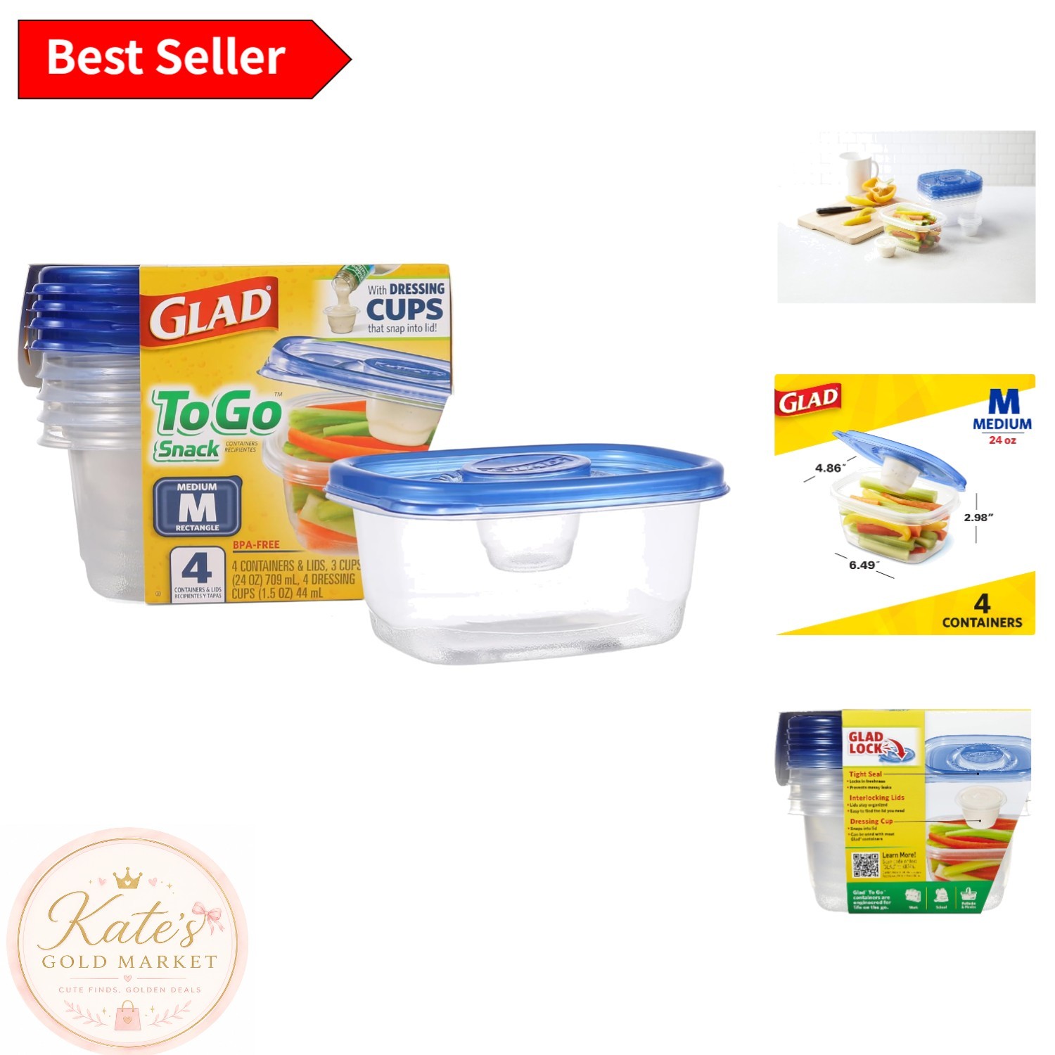 Versatile 24 Oz Food Storage Containers with Dressing Cups, BPA Free, 4 Pack
