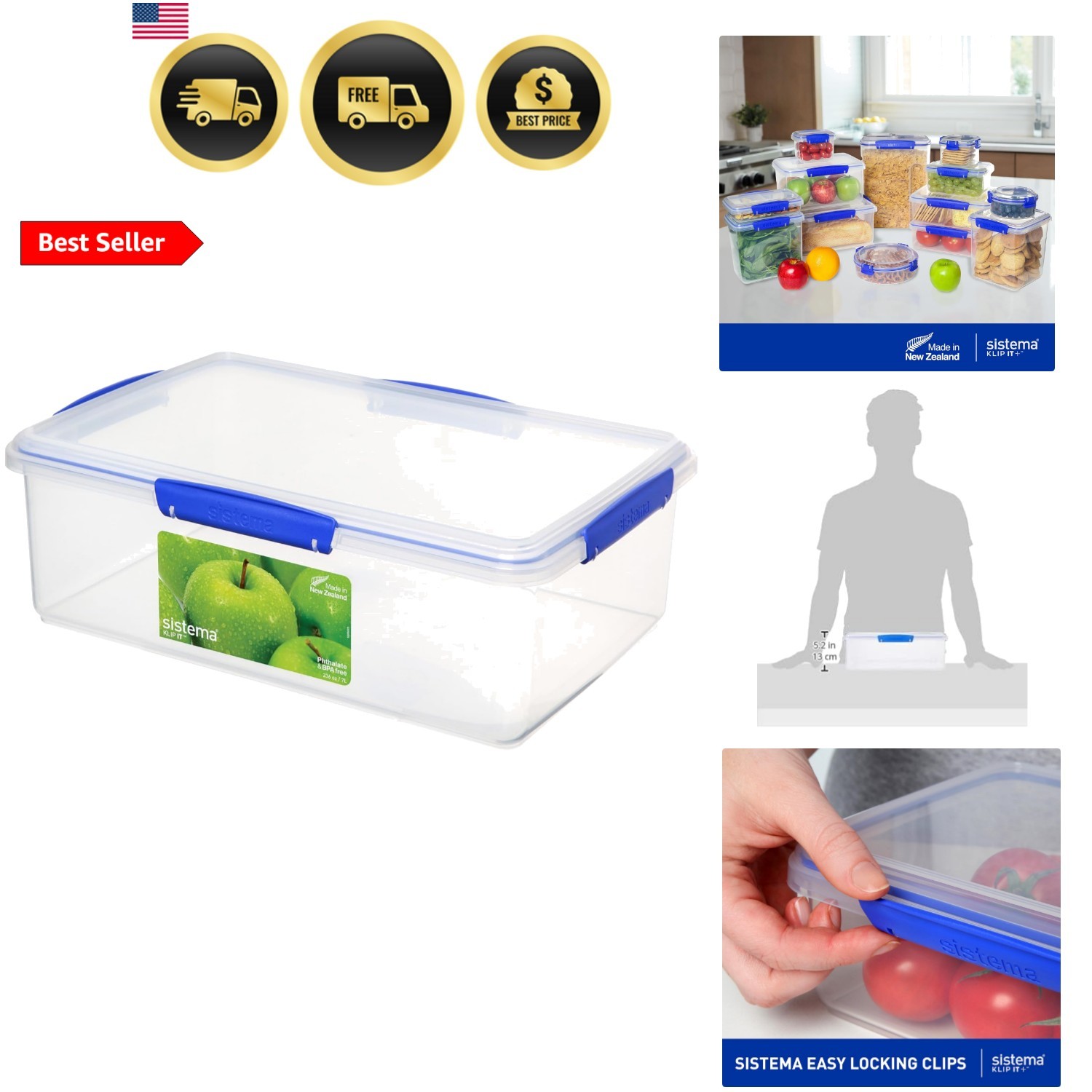 KLIP IT Large 7L Food Storage Container, Airtight & Stackable, Dishwasher, Fr…