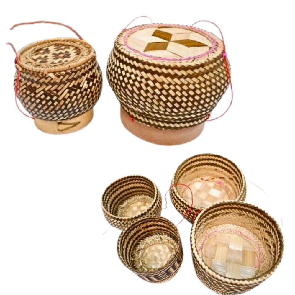 Set 2 pcs Kratip Sticky Rice Pot Jar Container Bamboo Basket Serving Pot Vintage
