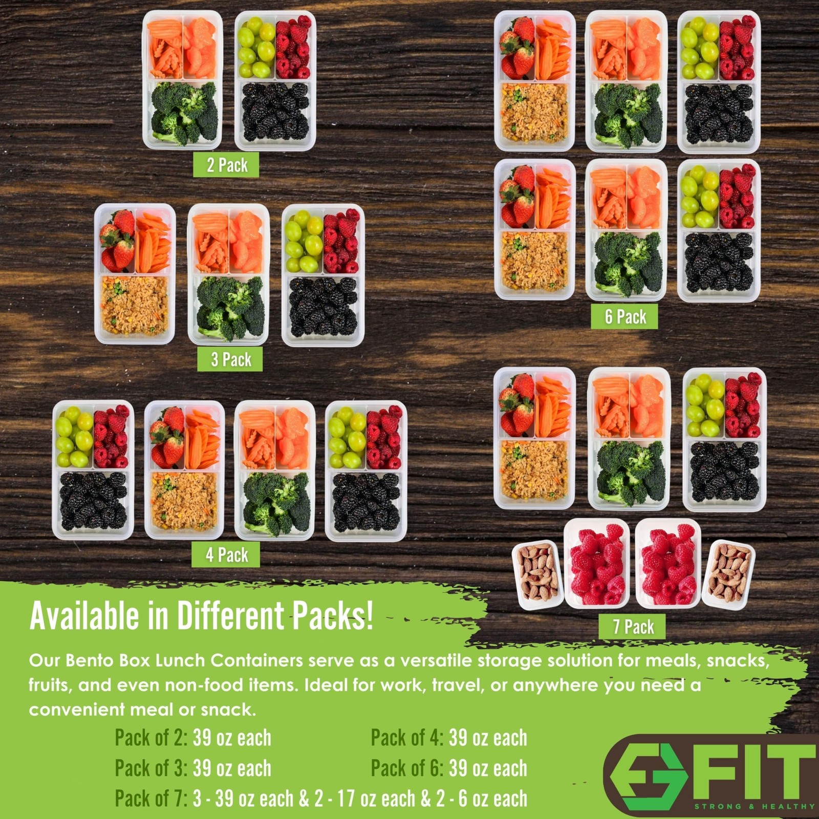 FIT Strong & Healthy Bento Box for 3 Pack, 39 oz, Green, 3 39 Oz each