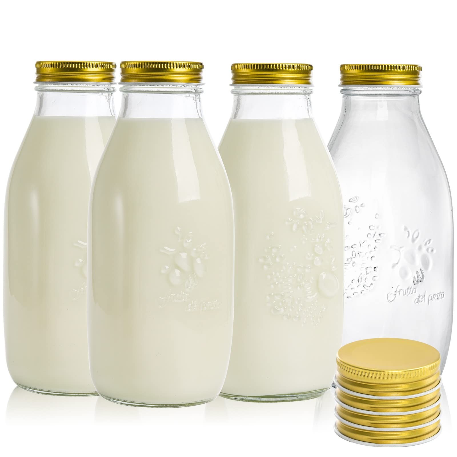 4 Pack 32 oz Glass Milk Bottle with Lids, Vintage Milk Container for Refriger…