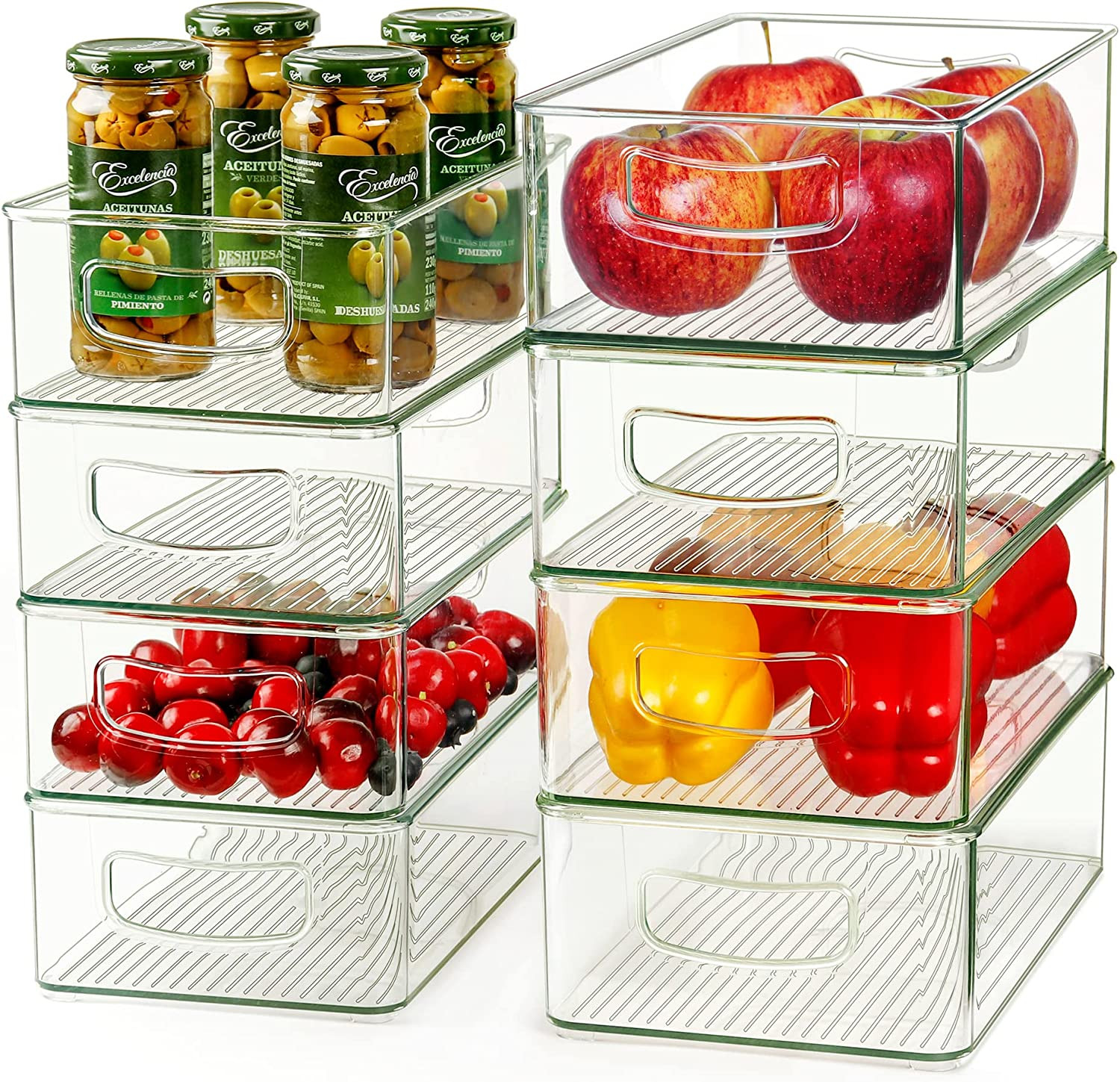 8 Pack Clear Storage Bins for Refrigerator 4 Large Stackable Pantry Organizer Bi