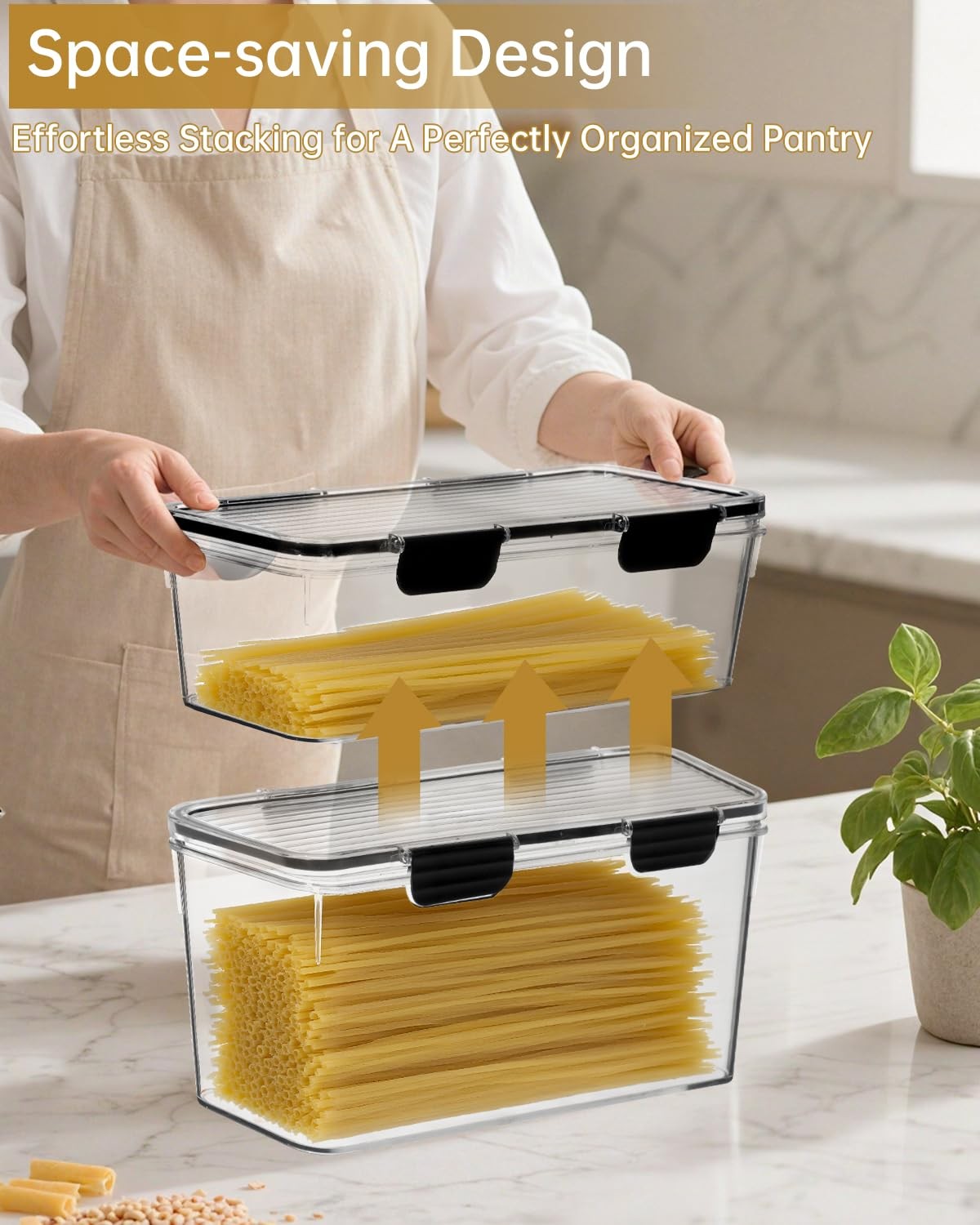 Set of 2 Spaghetti Pasta Storage Container with Lid, (3.6L/2.8L) Clear Kitche…