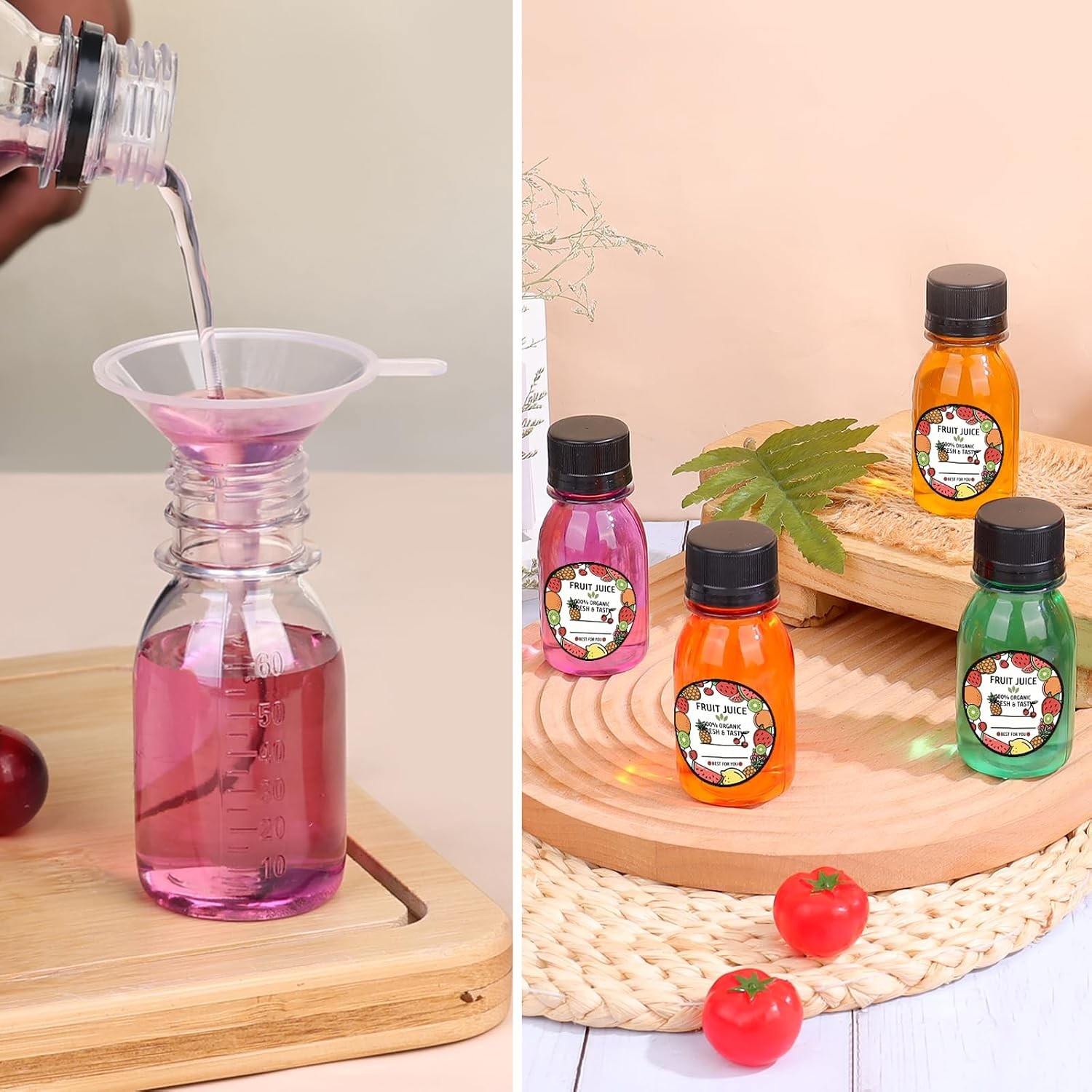 100 Pcs 2 oz Plastic Juice Shot Bottles W/ Caps Lids Ginger Shot Bottles BPA