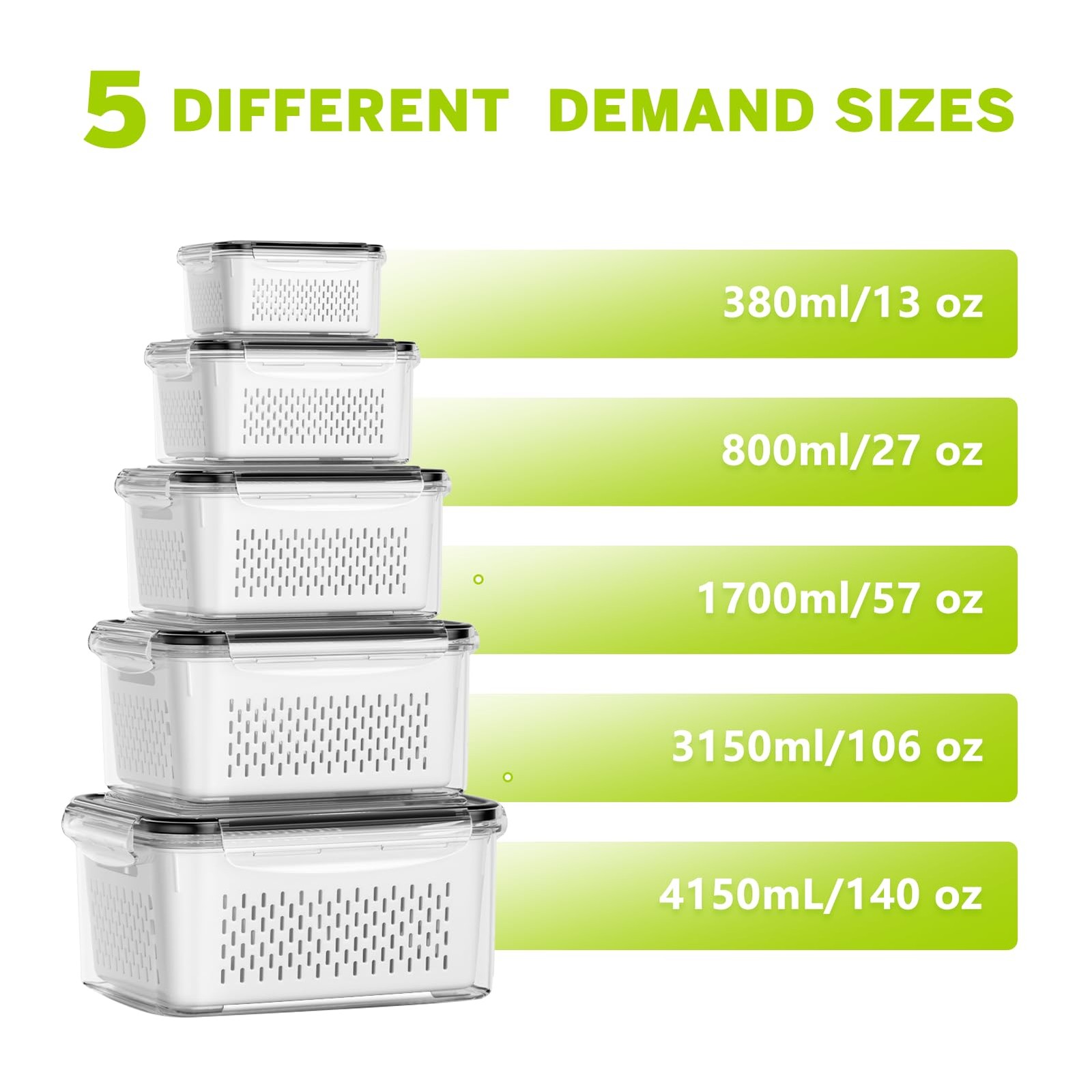 Plastic Produce Storage Containers 5 Pack Fridge Food Berry Vegetable Salad Leak