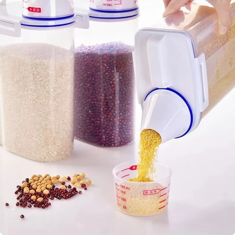 3pcs Rice Storage Container – Sealed Grain Jar with Lid & Measuring Cup – NEW