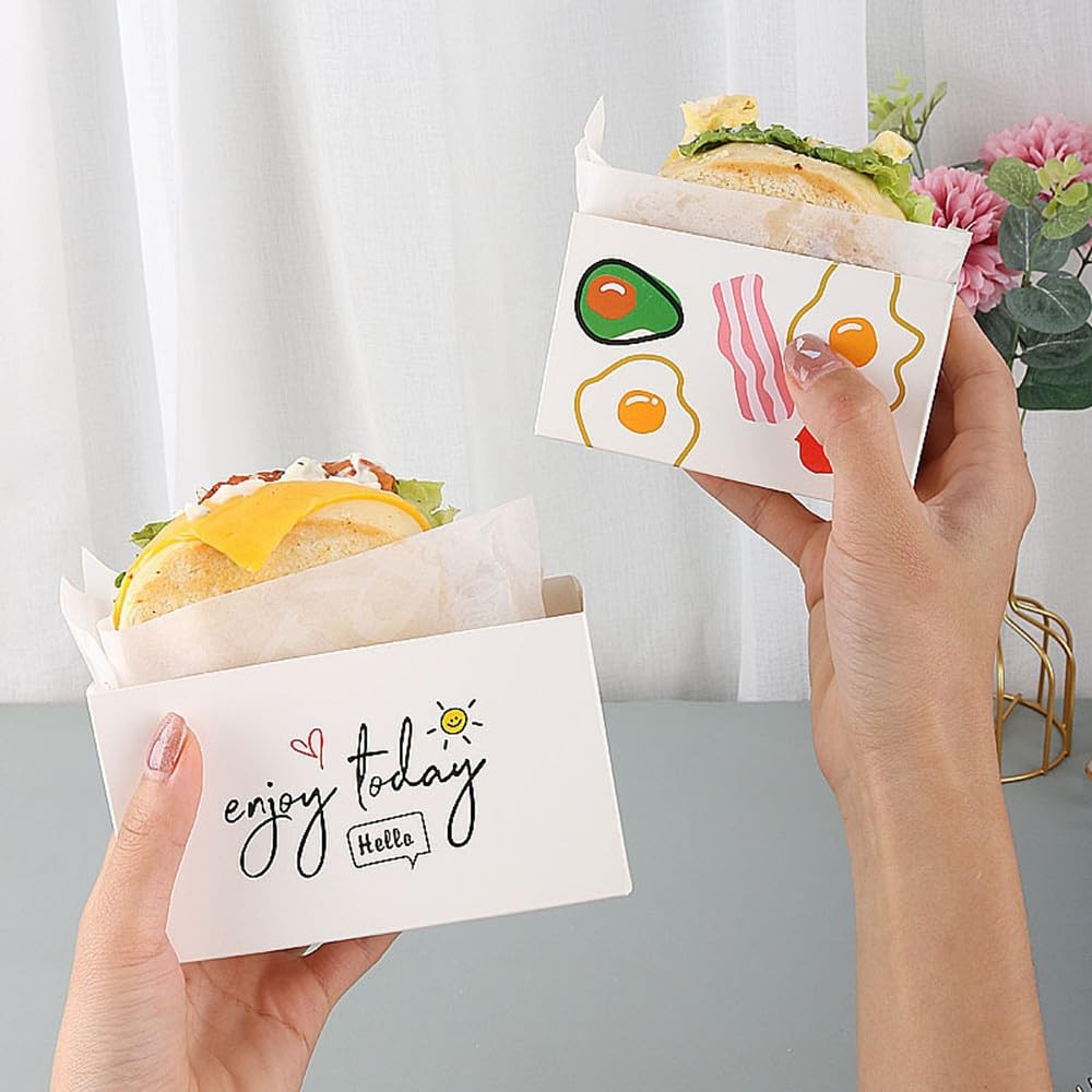 50 Pack Paper Take Out Containers, Mini Burger Sandwich Boxes, 50 Oil Sheets