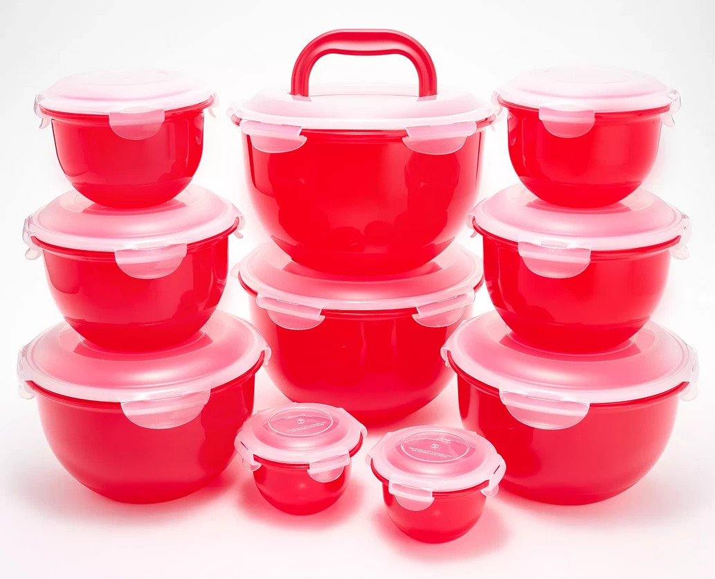LocknLock Nestable Tulip Food Container Bowls w/ Lids 10-Pc K99920 RED