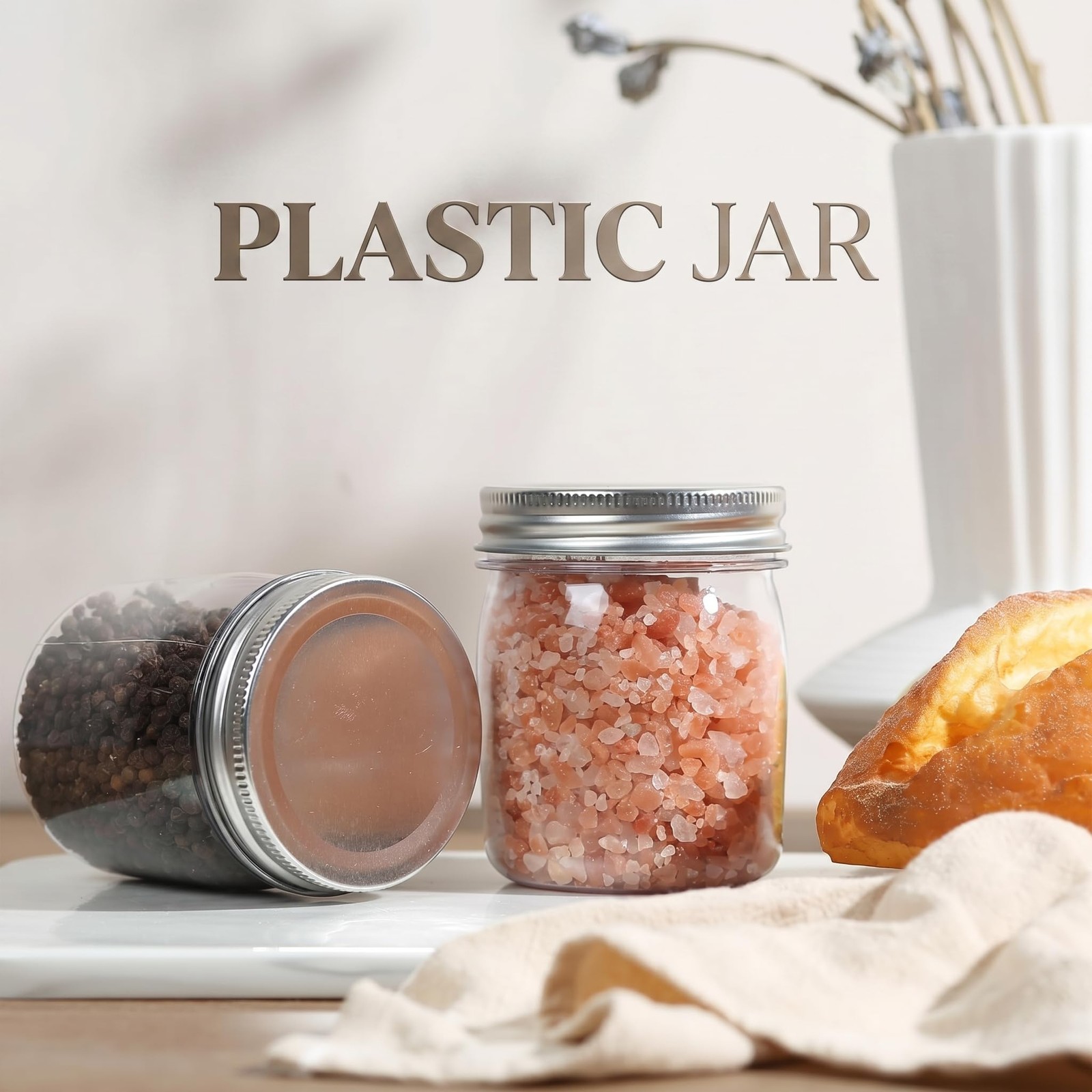 8 oz Clear Plastic Jars with Airtight Lids, 32 Pack Plastic Mason Jars with L…