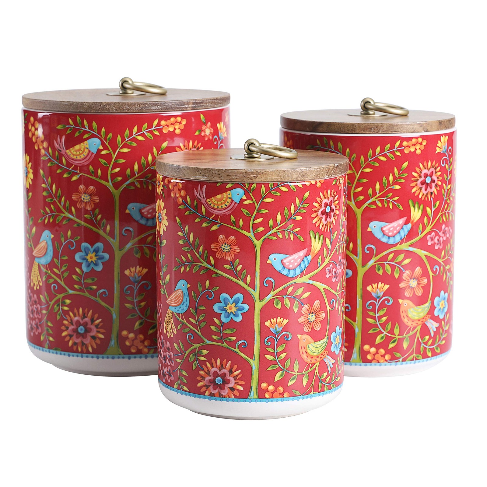 Red Spring Bird Ceramic Canister Set of 3 for Kitchen Counter, 62oz, 40oz, 32oz