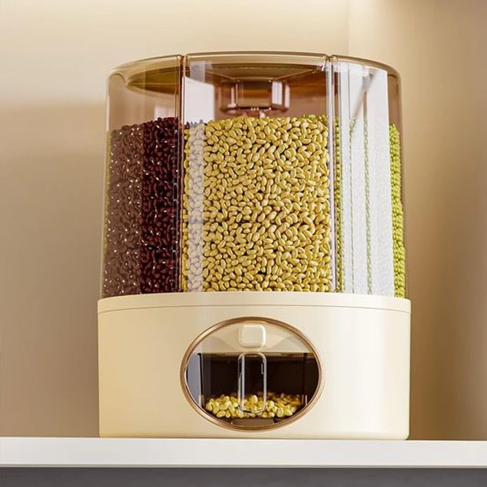 Premium 6-Grid Rotating Food Dispenser with Sealed Lid – 360° Rotation Grain …